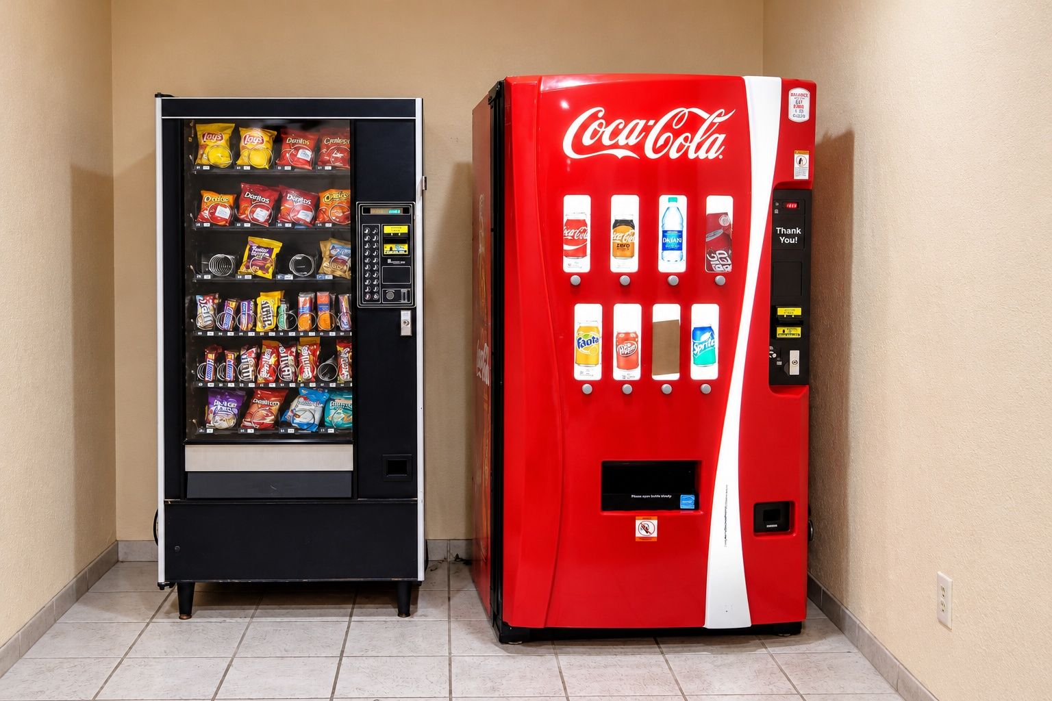 A vending machine with snacks and a Coca-Cola machine with various drink options.