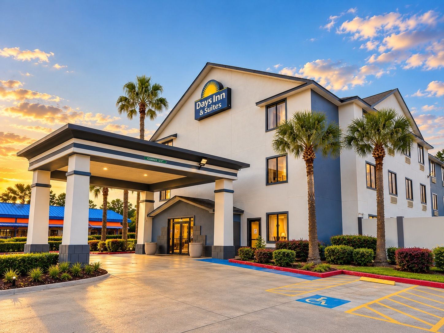 Un hôtel Days Inn & Suites doté d’une entrée couverte, de palmiers et d’un parking comprenant des places réservées aux personnes handicapées.