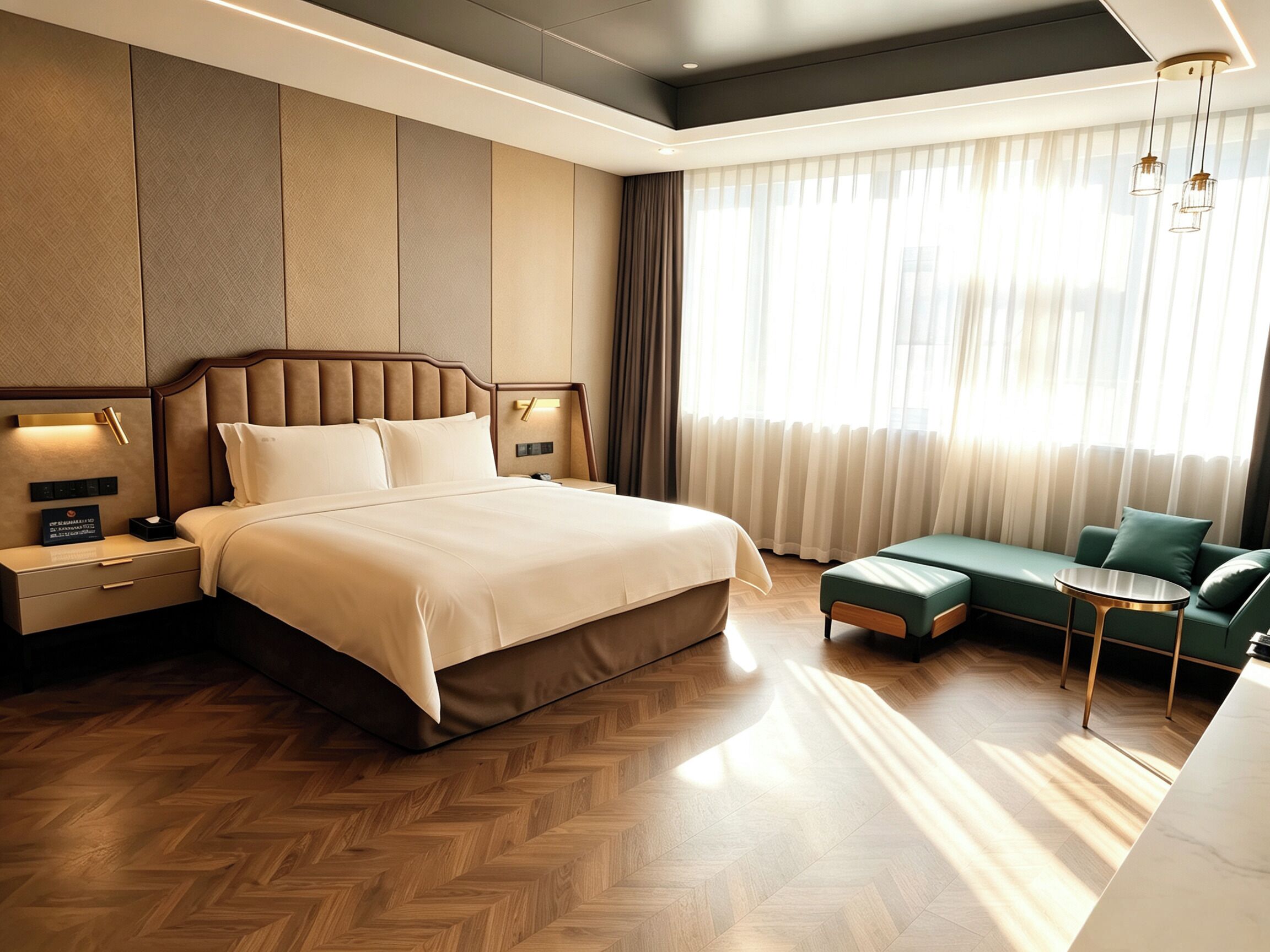 A modern hotel room with a large bed, a sofa, and a small table.