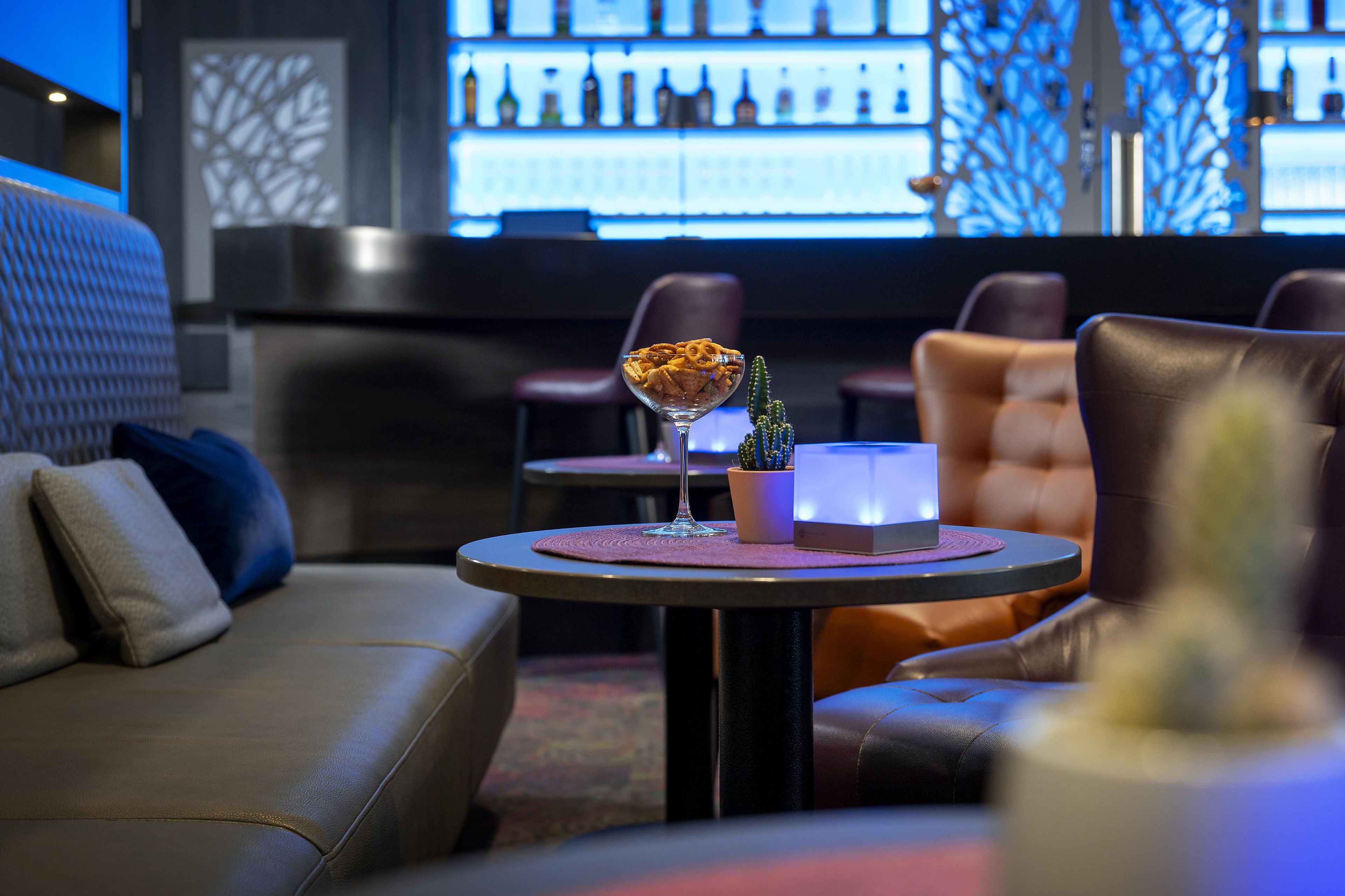 Eine Bar mit Ledersitzgelegenheiten, einem kleinen Tisch mit einem Getränk und einer Kakteenpflanze.