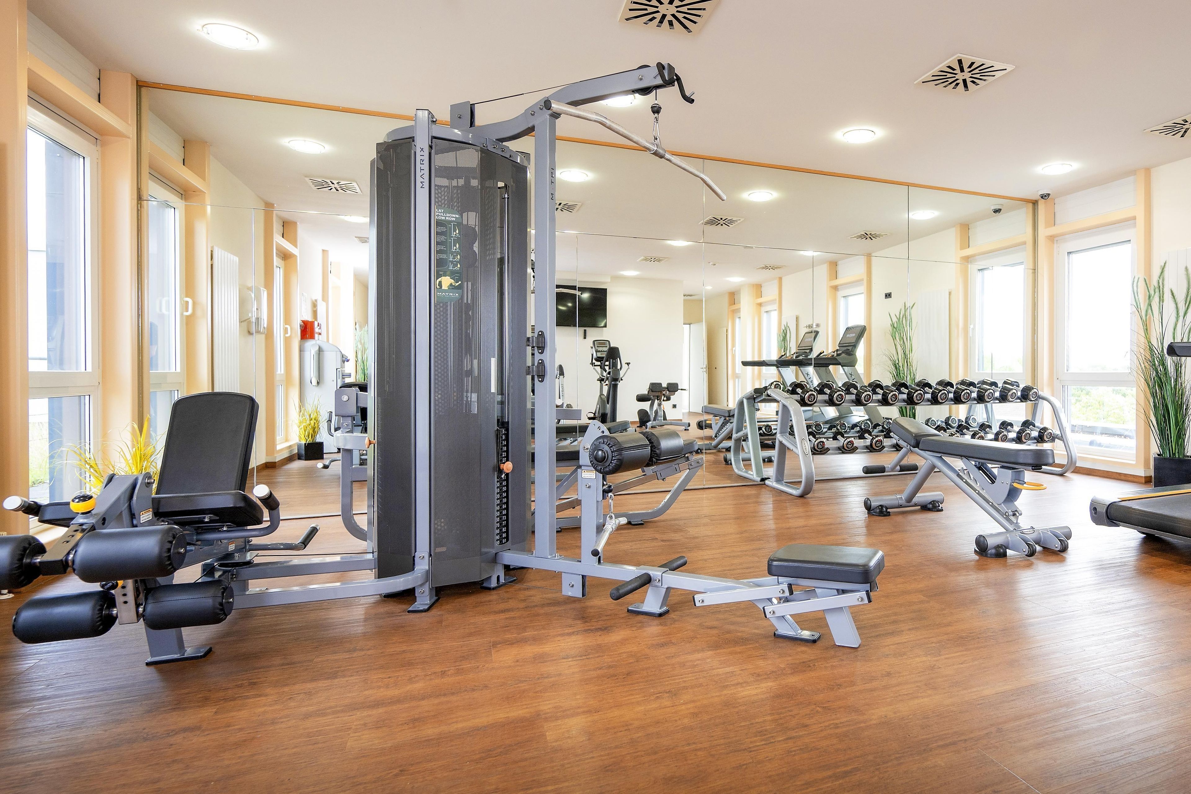 Un gimnasio con diversos equipos de ejercicio, incluyendo una jaula para sentadillas, mancuernas y máquinas de cardio.