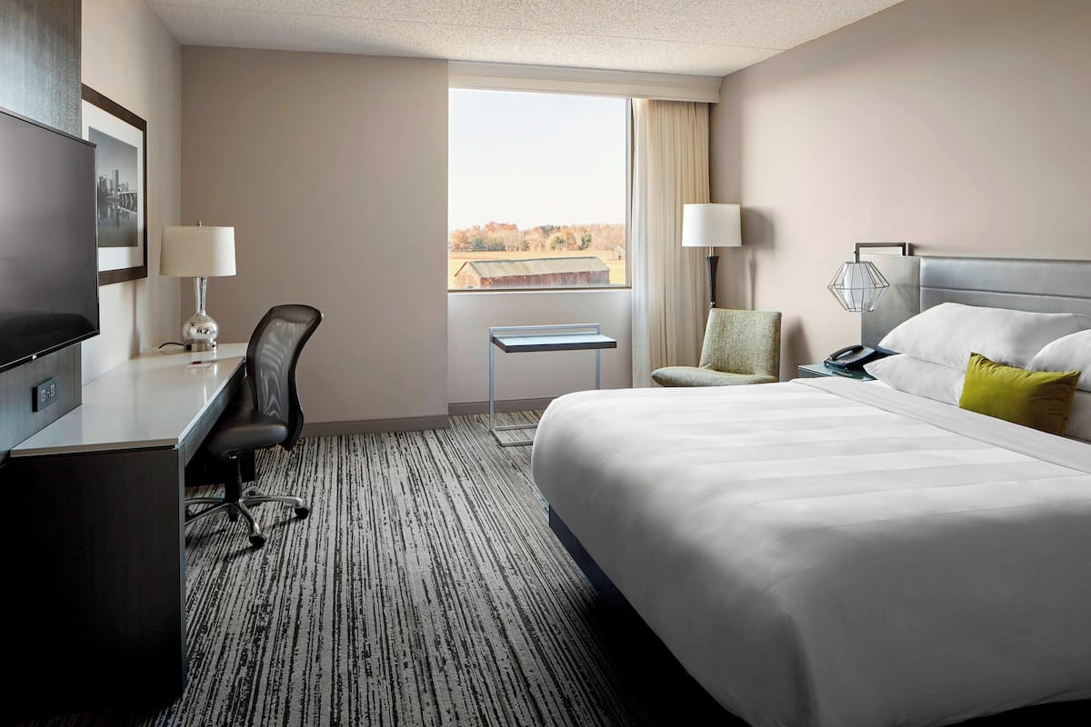 Une chambre d’hôtel avec un grand lit, un bureau avec une chaise, une télévision et une fenêtre donnant sur un immeuble et des arbres.