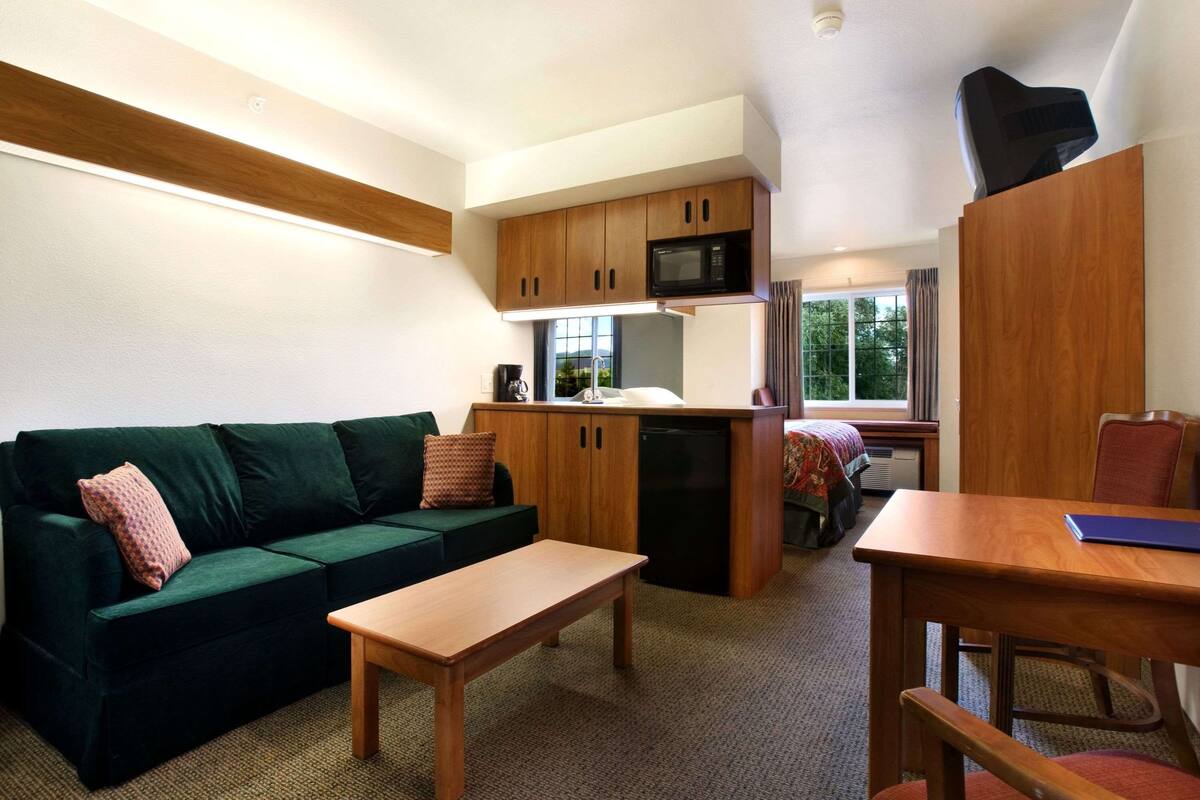 Un espace de vie compact avec un canapé vert, une table en bois, une kitchenette équipée d’un four à micro-ondes et une fenêtre offrant une vue agréable.