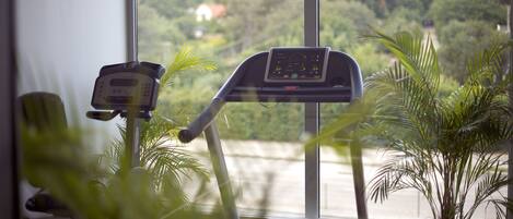 A stationary bike with a digital display, a wall-mounted heart rate monitor, and potted plants in a room with a large window.