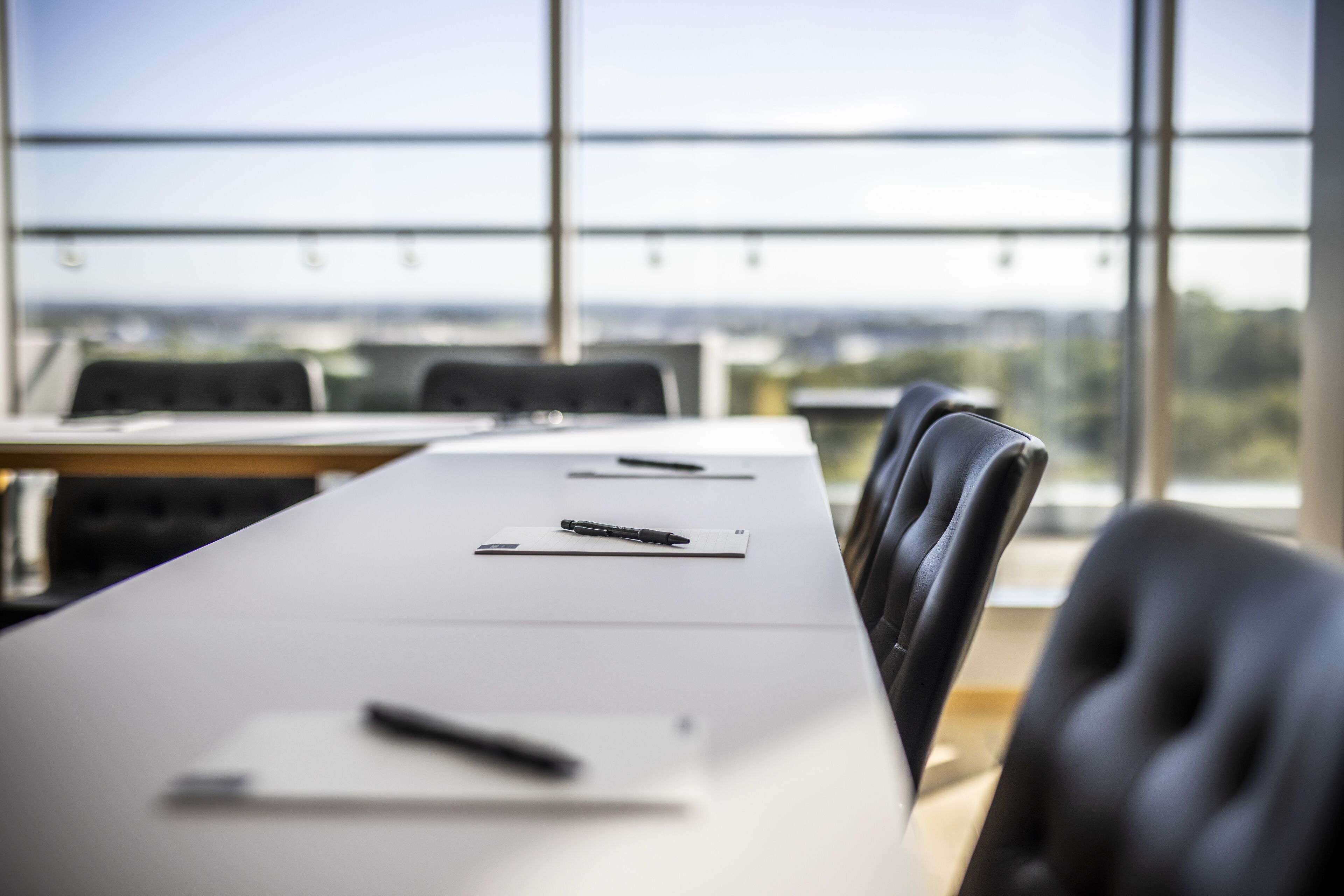 A conference room with a long table, chairs, and a view through large windows.
