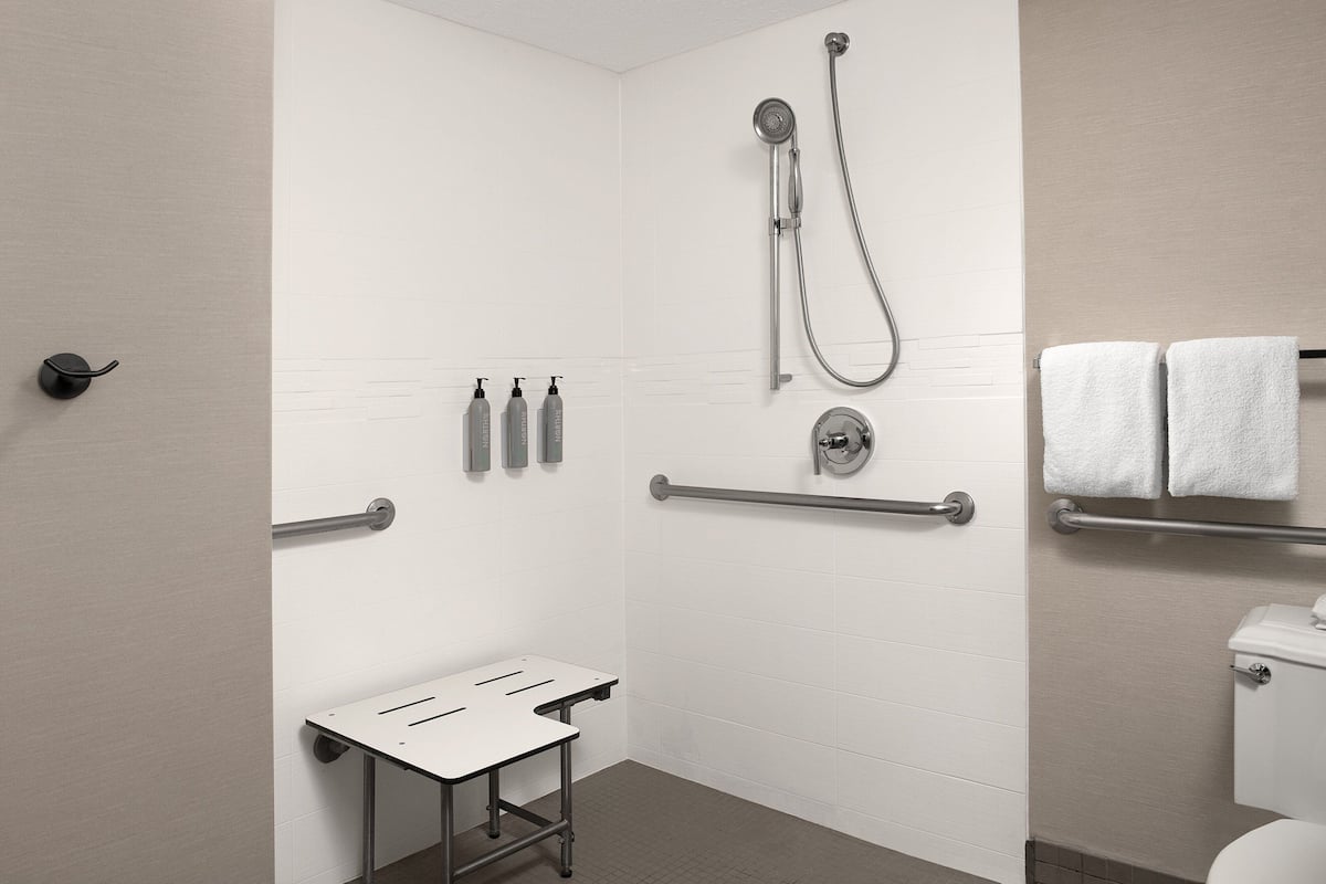Combined shower/tub, free toiletries, hair dryer, towels