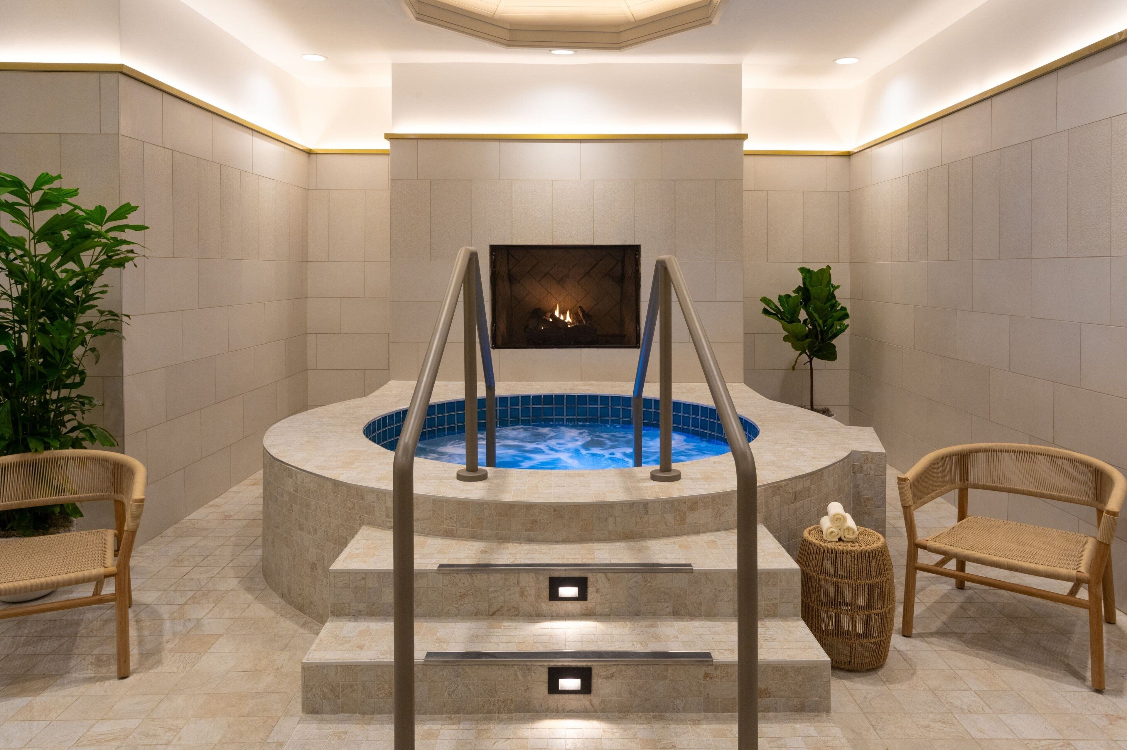 indoor pool, outdoor pool, pool umbrellas, pool loungers