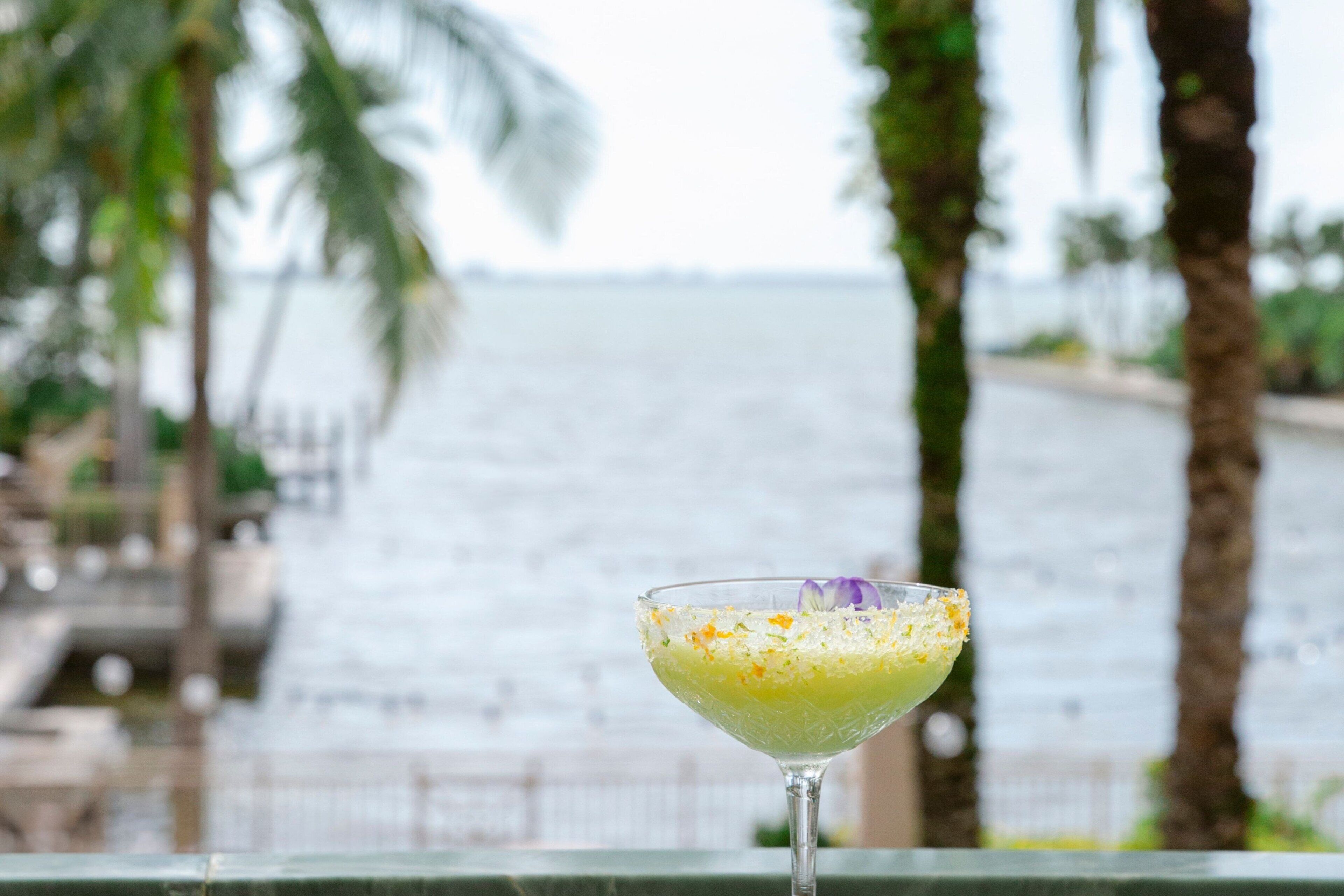 Un verre à cocktail, agrémenté d’une décoration, est posé sur un balcon donnant sur une étendue d’eau, avec des palmiers en arrière-plan.