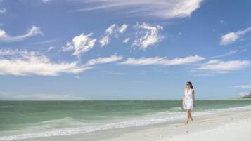 A beach with a person walking along the shore.