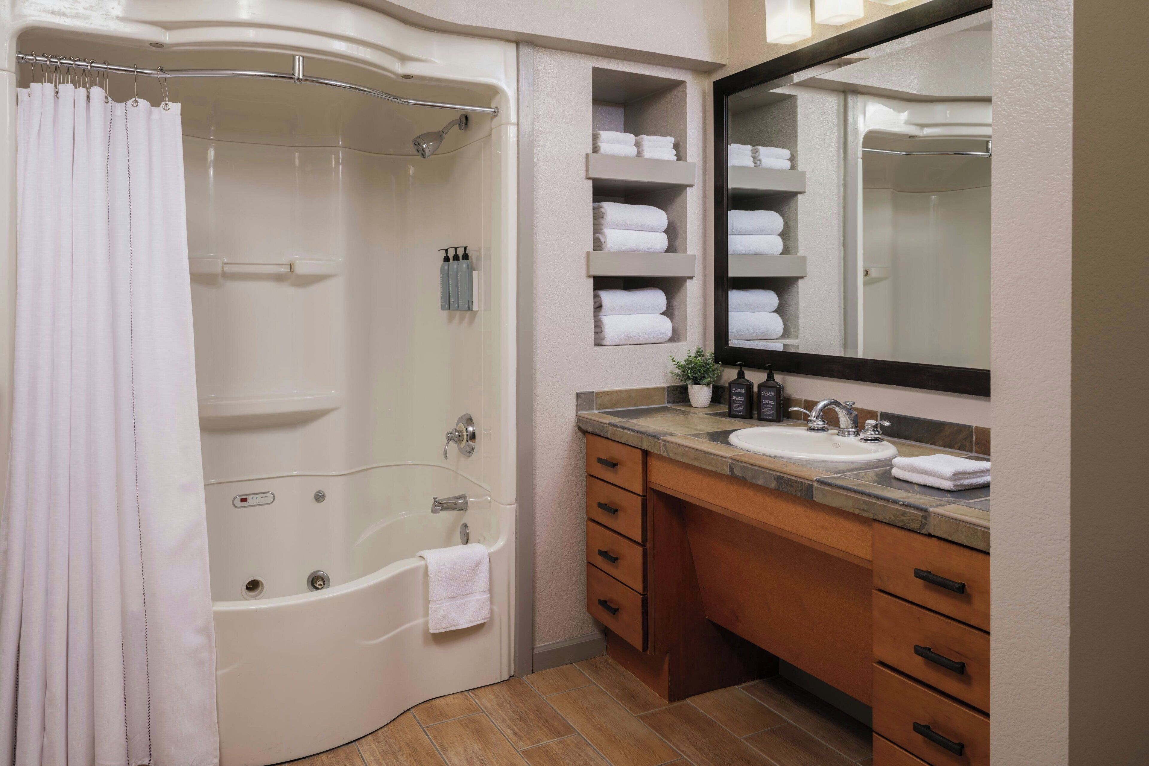 Un baño moderno con una bañera, una ducha, un lavabo y un espejo grande.