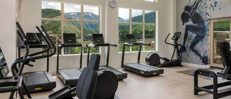 A gym with treadmills, stationary bikes, and a wall with a mountain view.