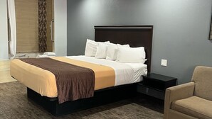 A modern hotel room with a large bed, a separate sitting area, and a shower area. -  Laguna Inn & Suites (San Juan Capistrano)