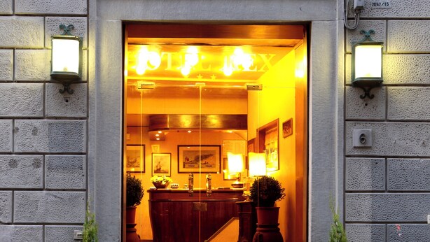 Entrada de hotel con puerta de vidrio, un mostrador de recepción en el interior y dos plantas en macetas afuera.