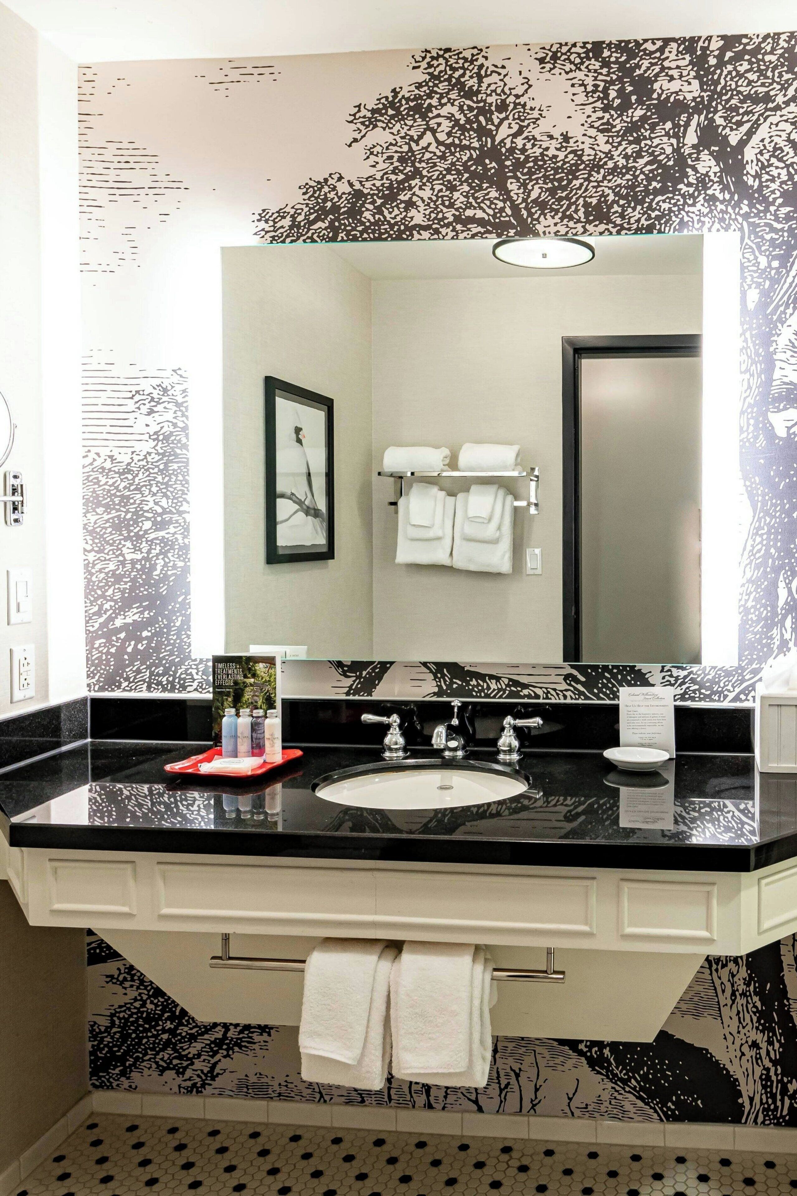 A bathroom with a black countertop, white sink, and a large mirror. There are towels hanging on the wall and a framed picture above the mirror.