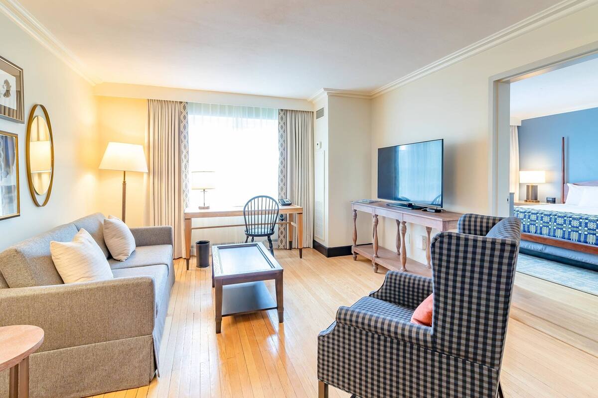 A hotel room with a sofa, armchair, TV, and a balcony with a view.