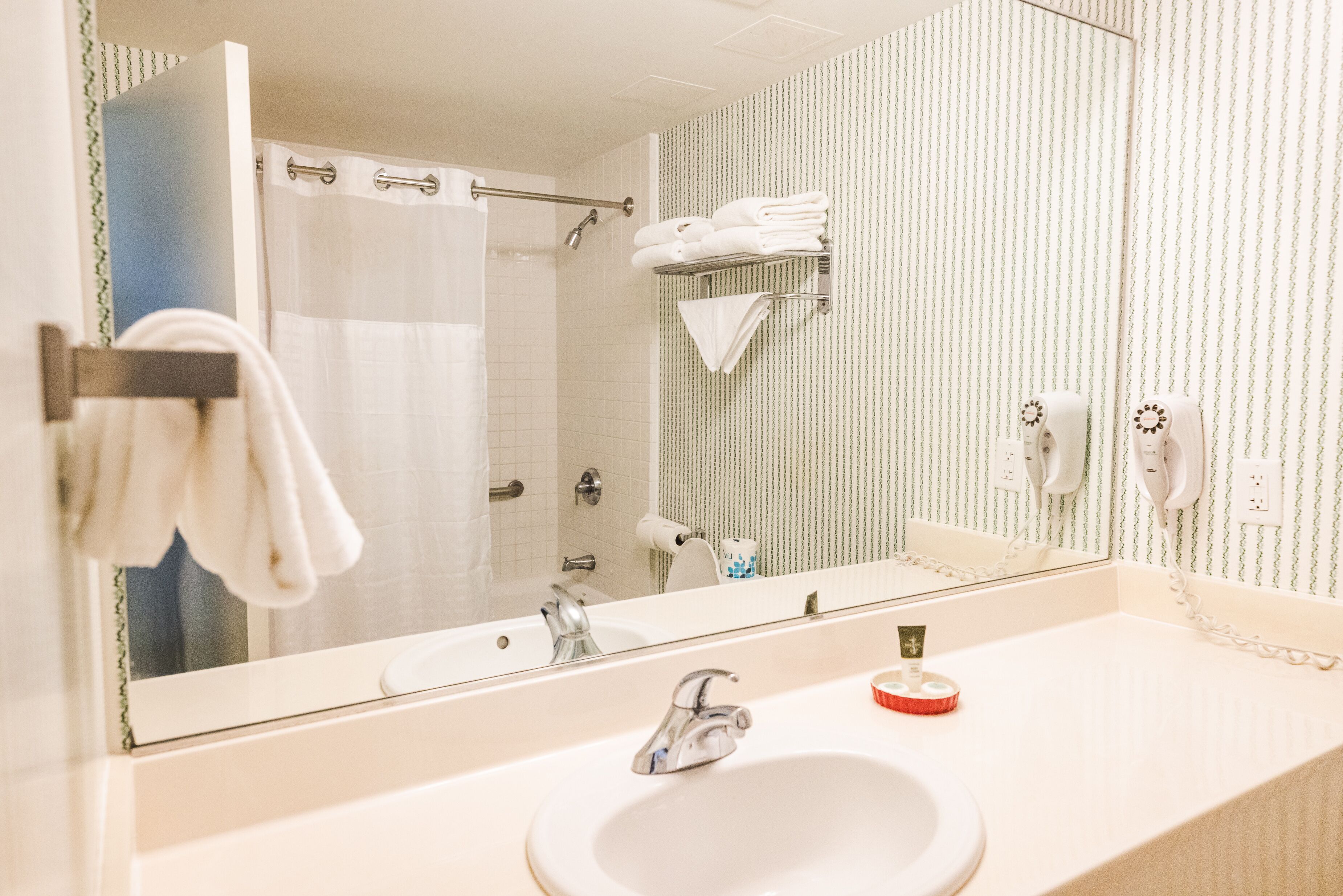 combined shower/bathtub, free toiletries, hair dryer, towels