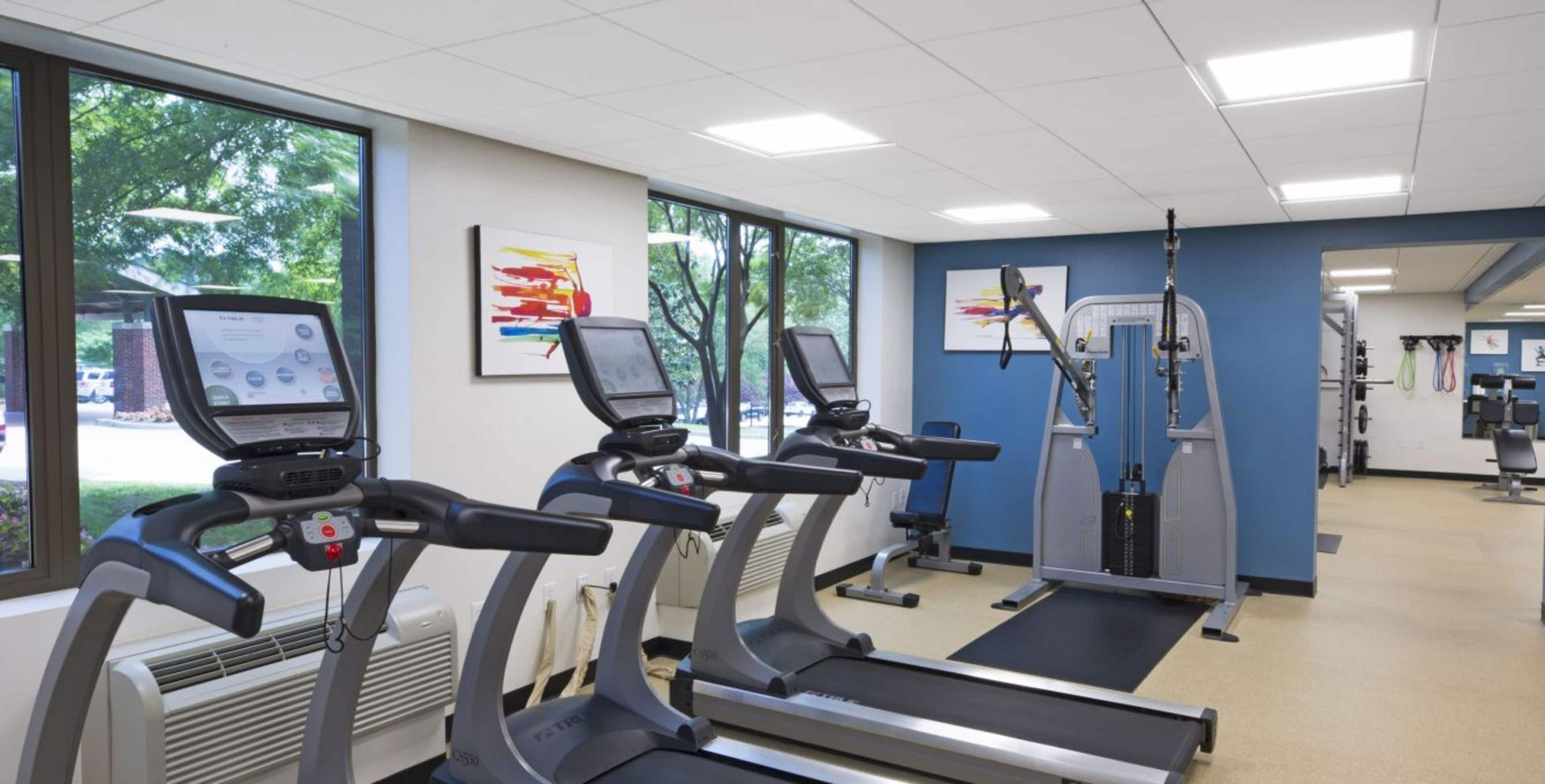 A gym with treadmills, a stationary bike, and a rowing machine.