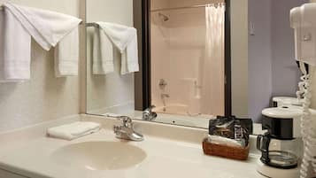 Hair dryer, towels, soap, shampoo