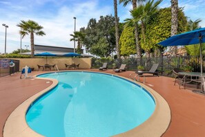 Outdoor pool, open 10:00 AM to 9:30 PM, sun loungers