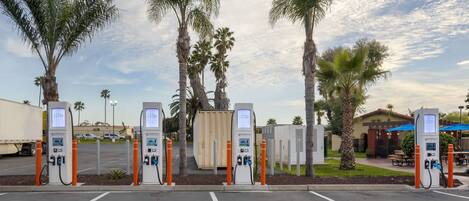 An EV charging station area with palm trees and a building in the background.