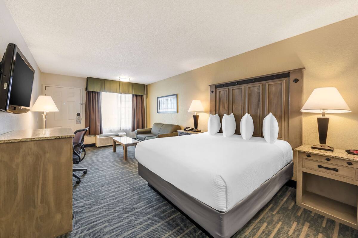 A hotel room with a large bed, a desk, a chair, a TV, and two lamps.