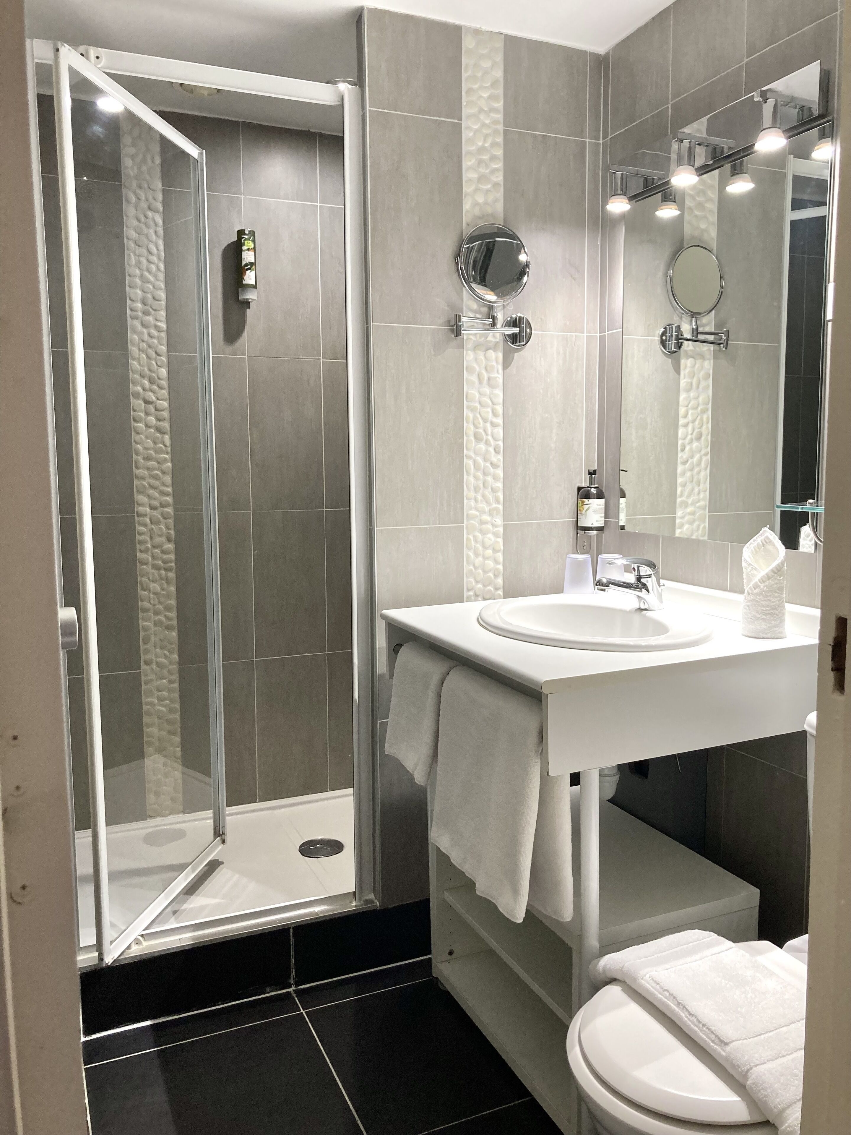 eco-friendly toiletries, hair dryer, towels, shampoo