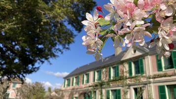 A building with green shutters and a tree with pink flowers in the foreground.