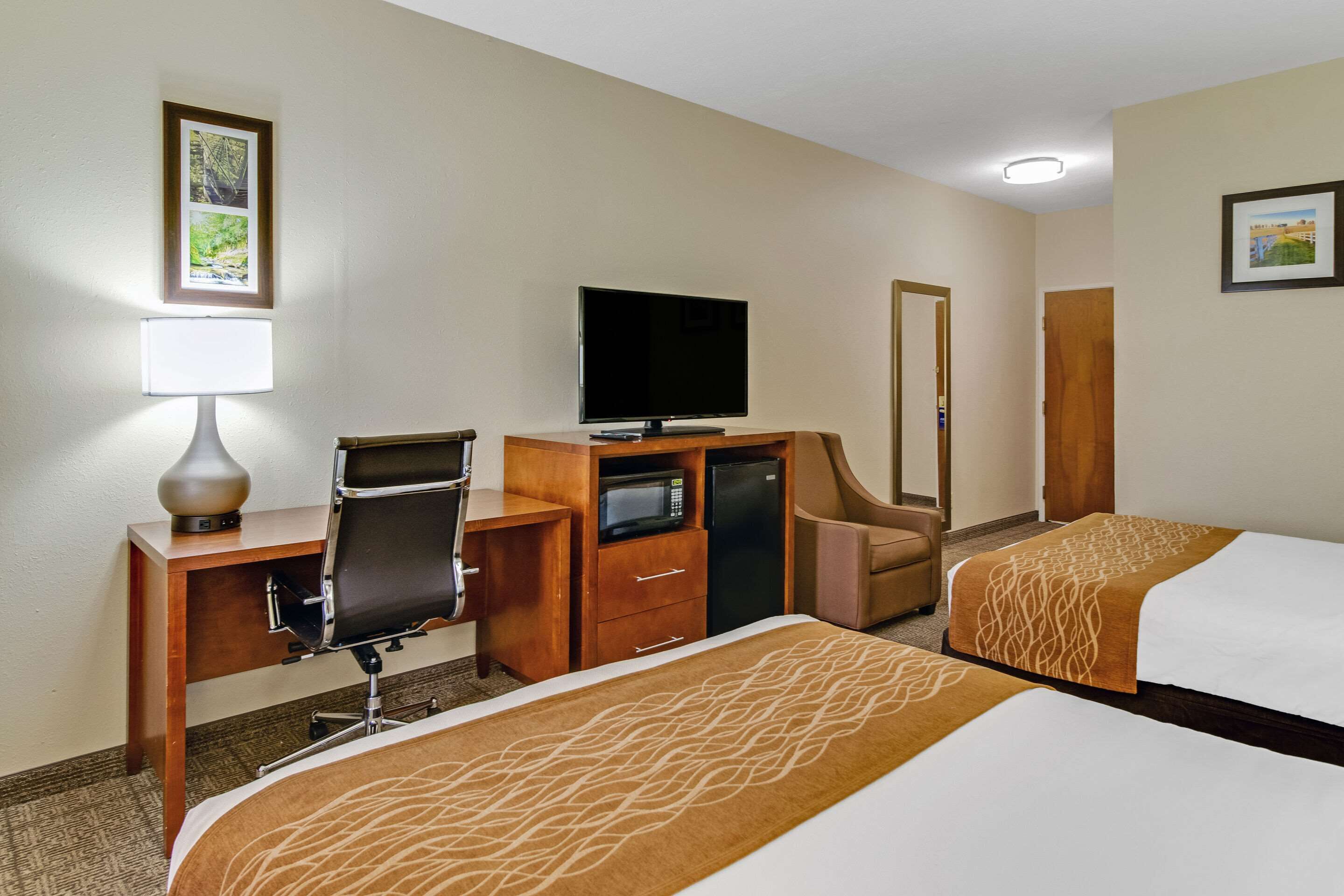 A hotel room with a bed, desk, chair, television, and a microwave.