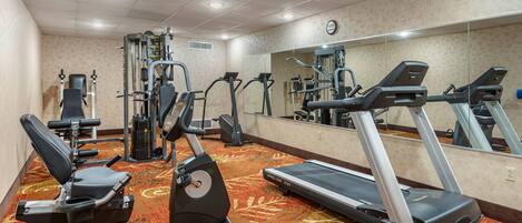 A gym with treadmills, elliptical machines, and weight machines.