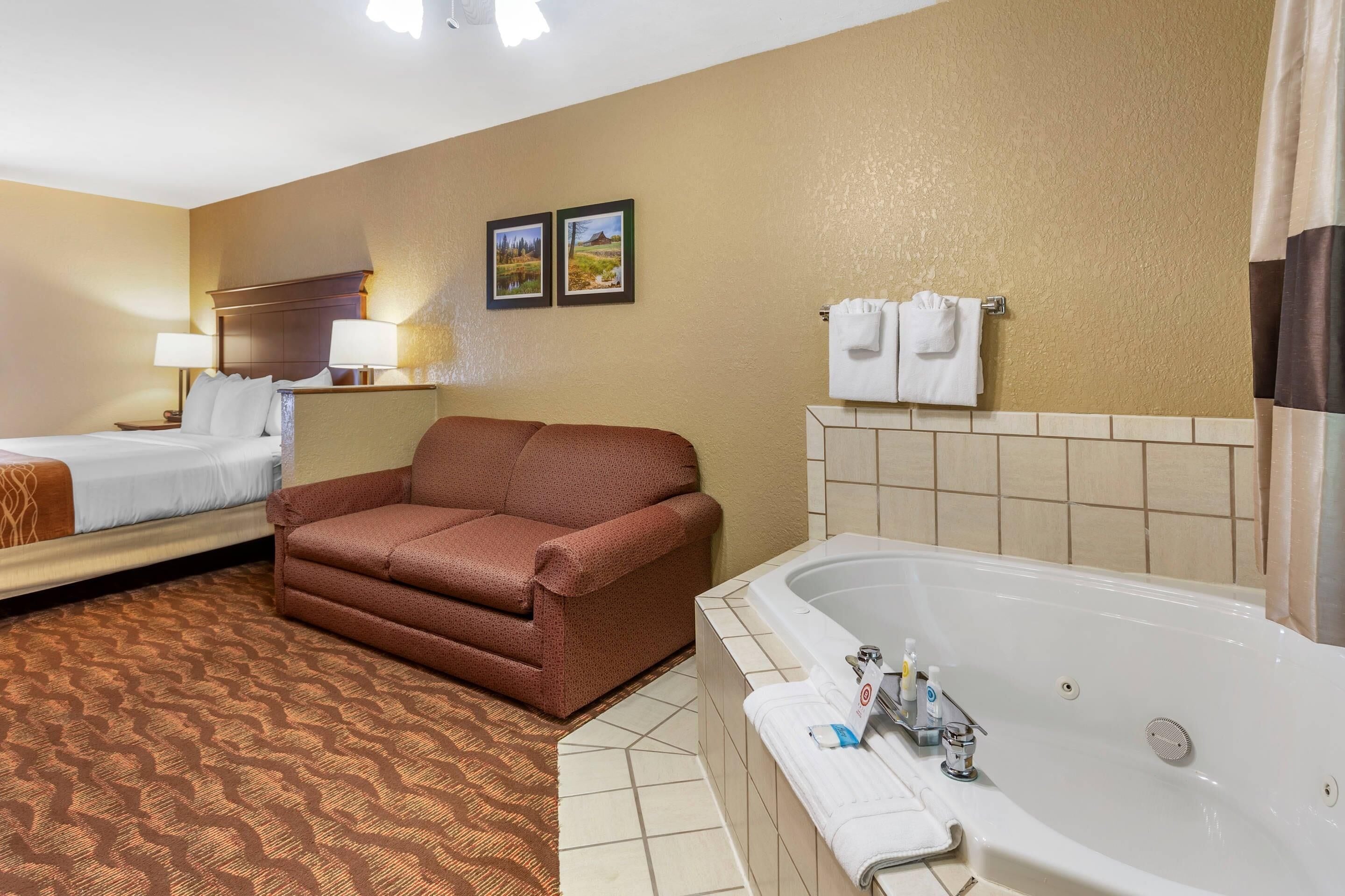 A hotel room with a bed, a sofa, a bathtub, and two framed pictures on the wall.