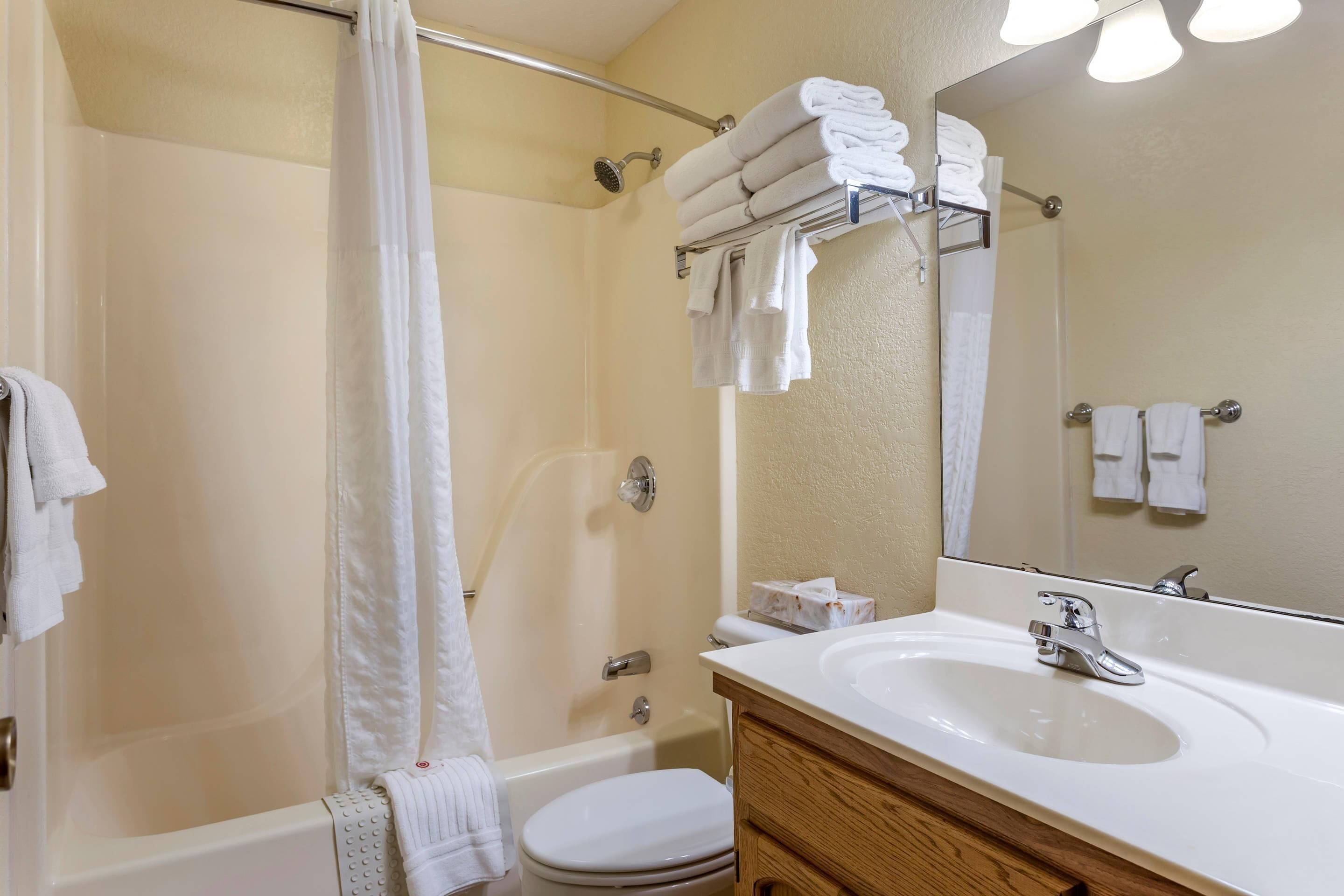Un baño con bañera, inodoro, lavabo y espejo.