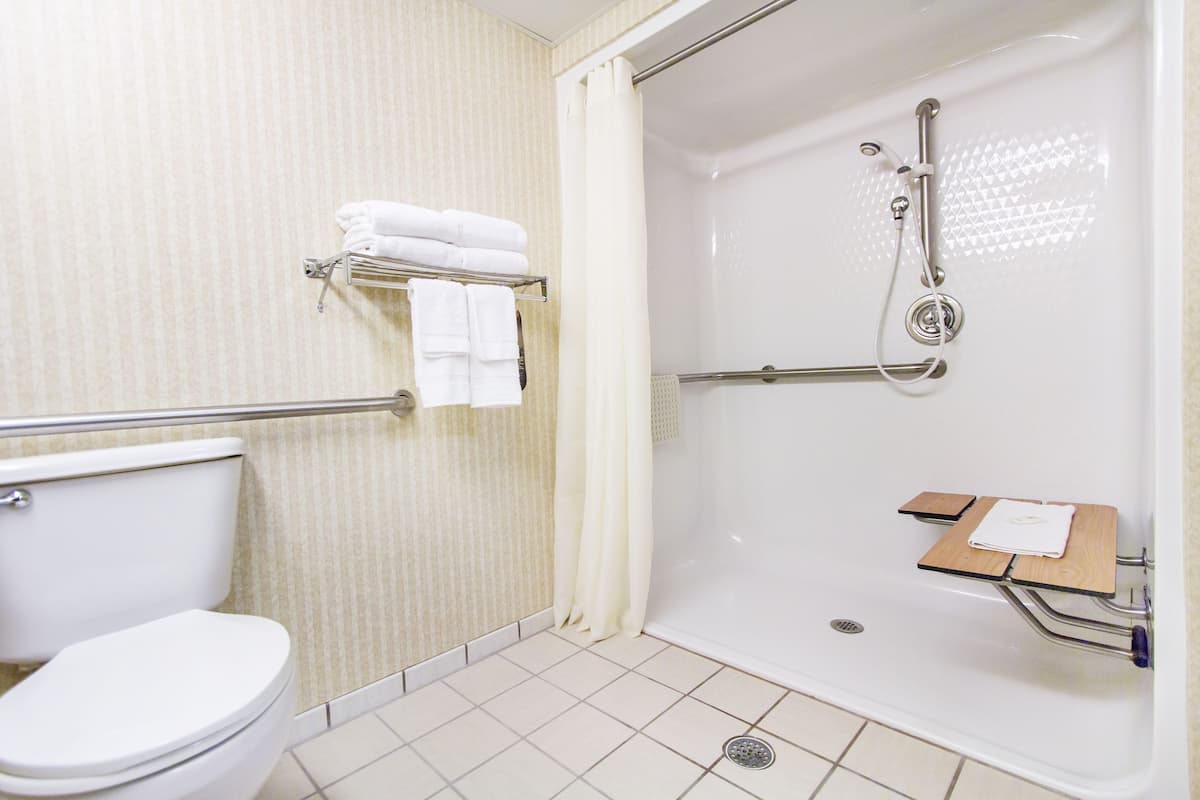 Baño con inodoro, ducha con barra de apoyo y perchero con toallas dobladas.