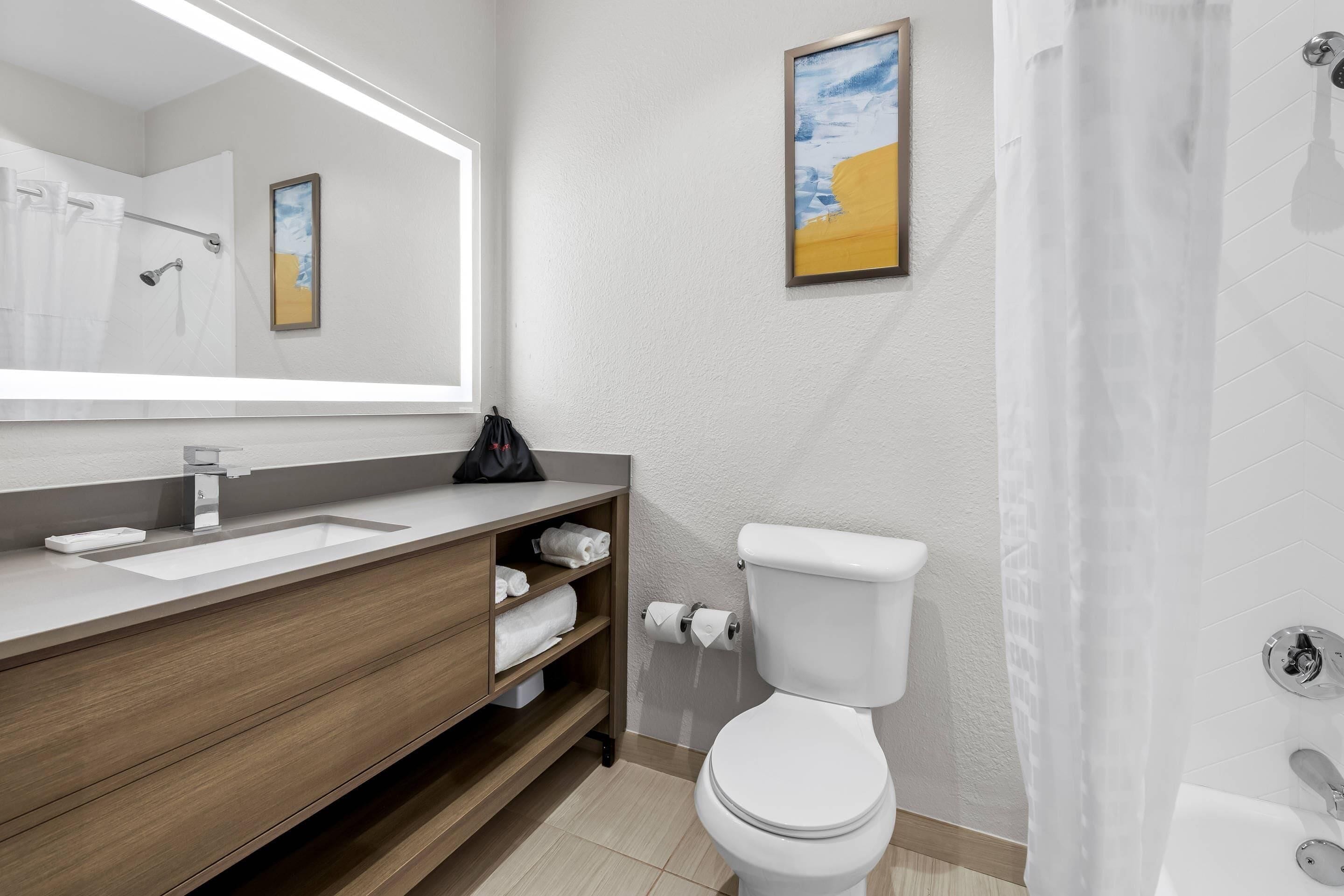 A modern bathroom with a white sink, wooden vanity, a large mirror, a toilet, and a shower curtain.
