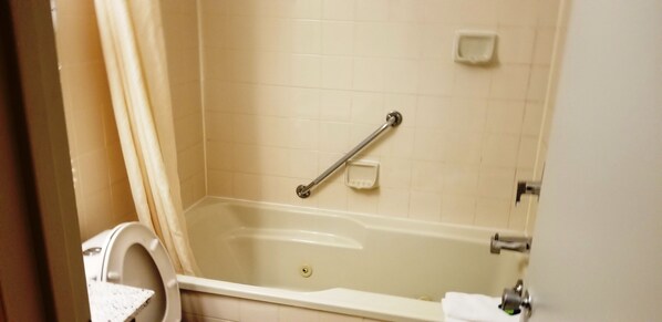 Un baño con bañera, inodoro y zona de ducha.