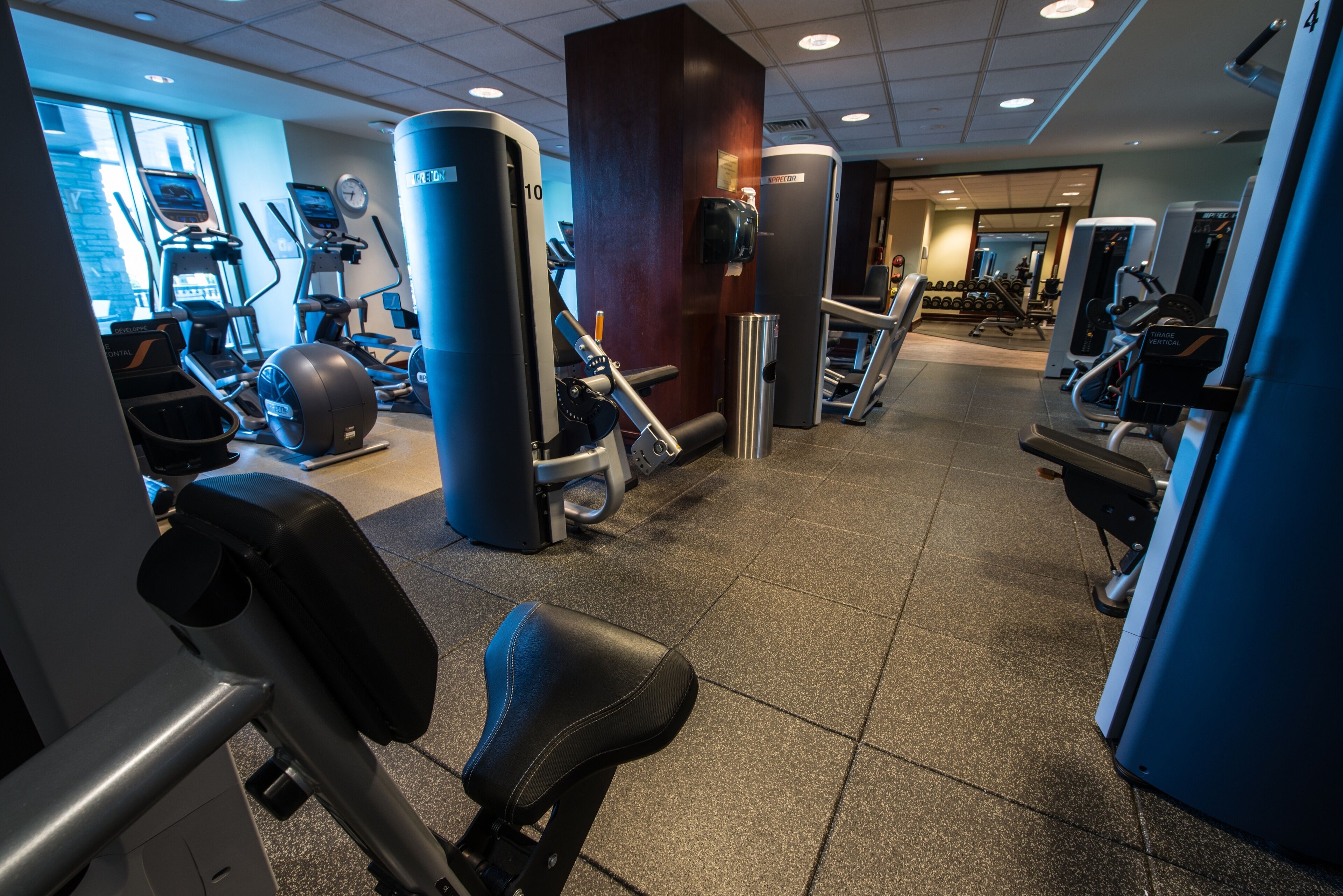 A gym with various exercise machines, a punching bag, and a weight bench.