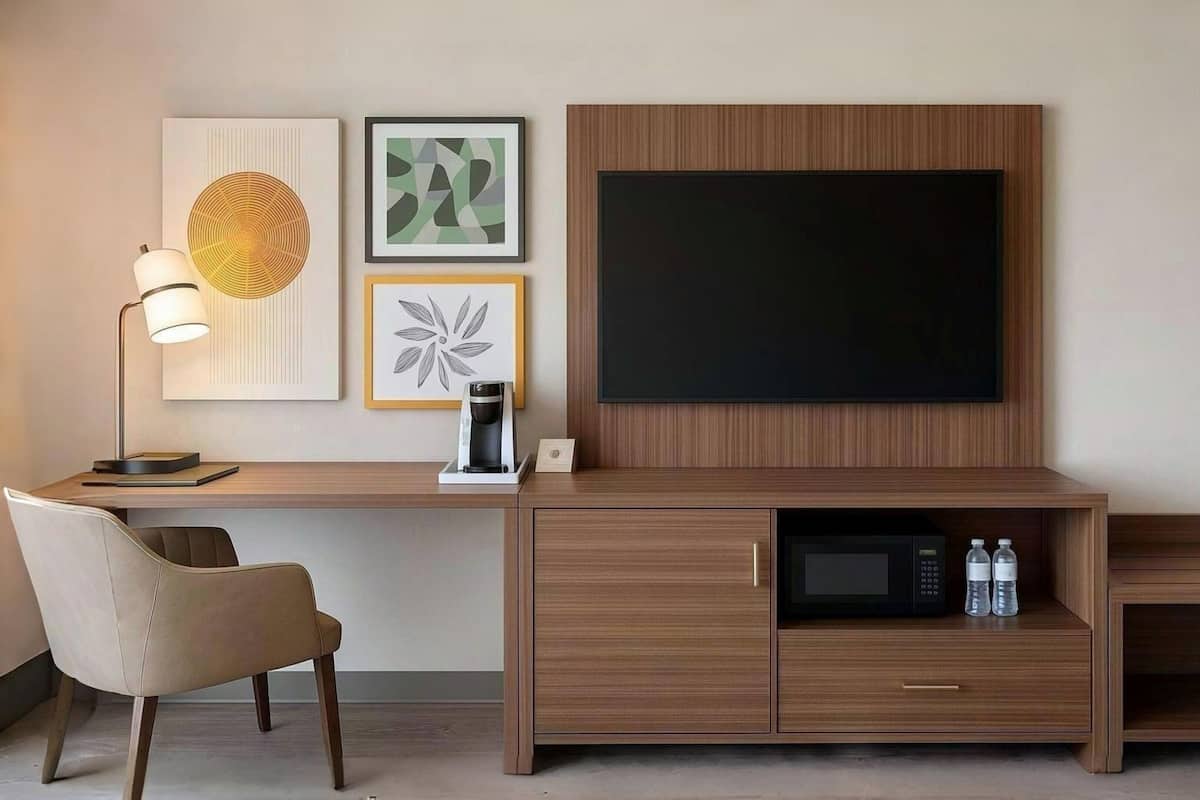 In-room safe, desk, iron/ironing board, cribs (free)