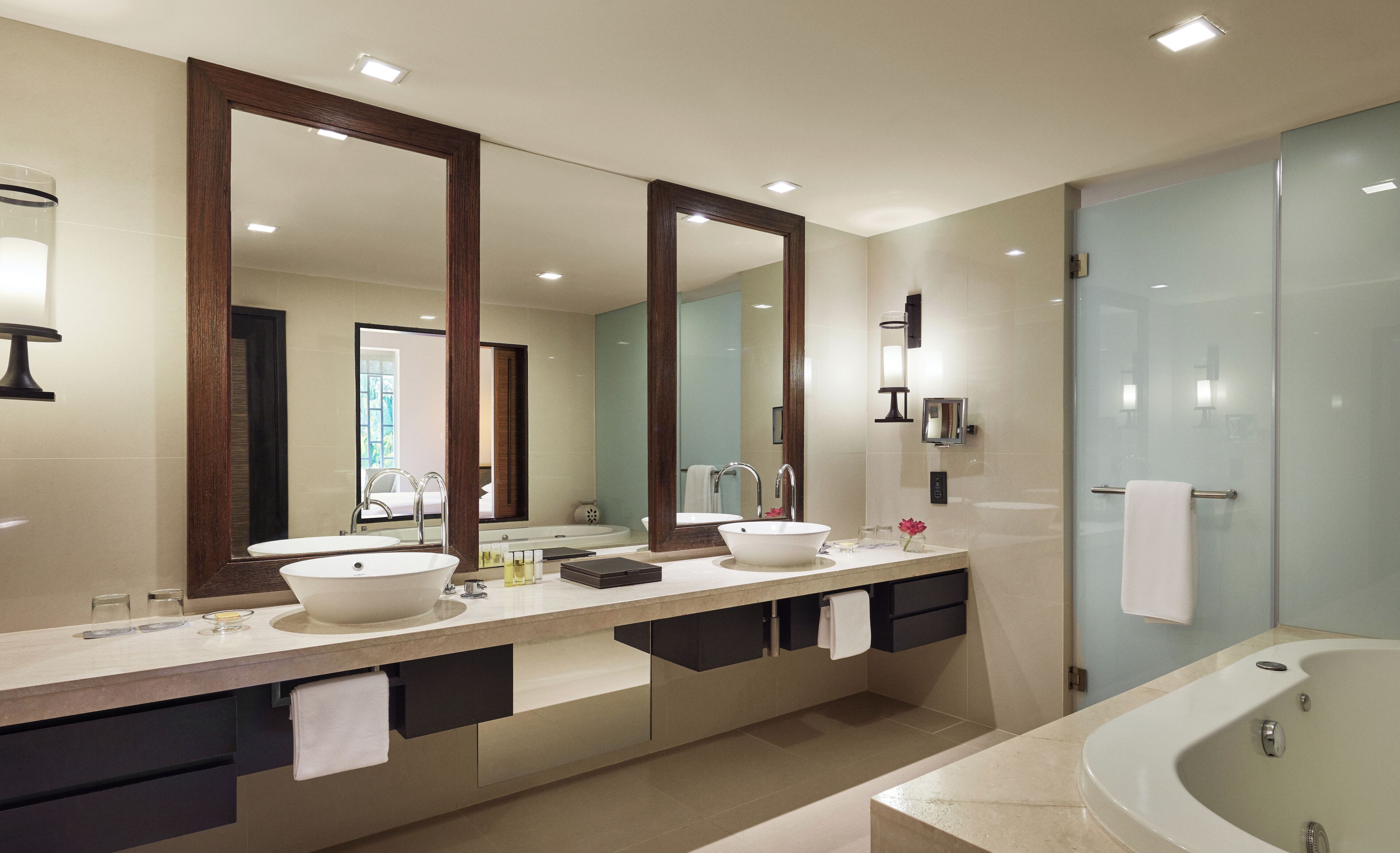 premier suite | bathroom | hair dryer, bathrobes, bidet, towels