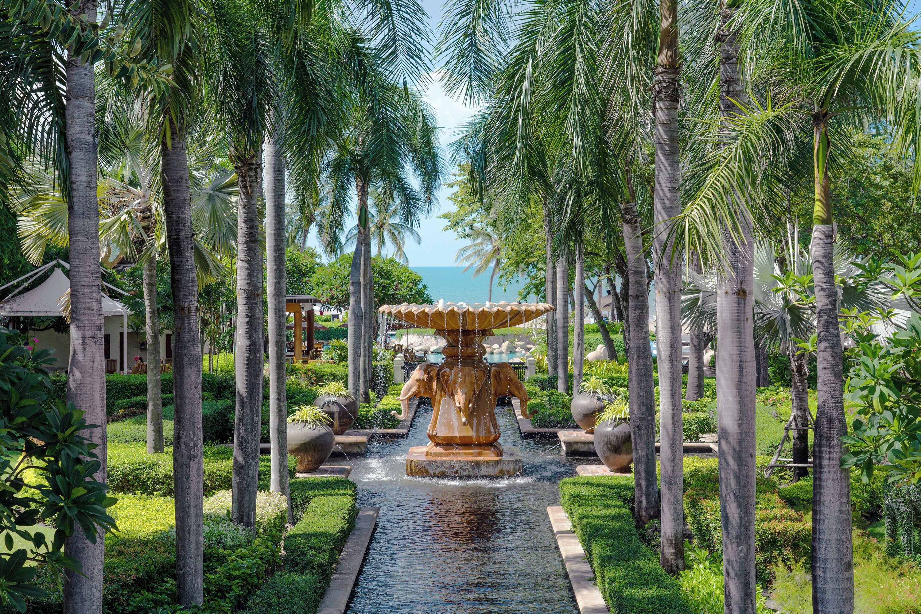 Un jardín tropical con una fuente central, palmeras y vistas al mar.