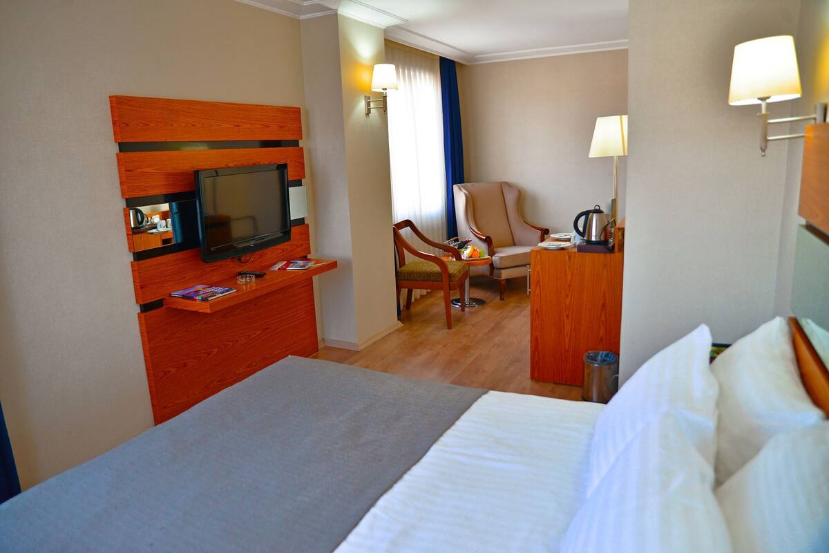 A hotel room with a bed, a TV, a desk, a chair, and a lamp.
