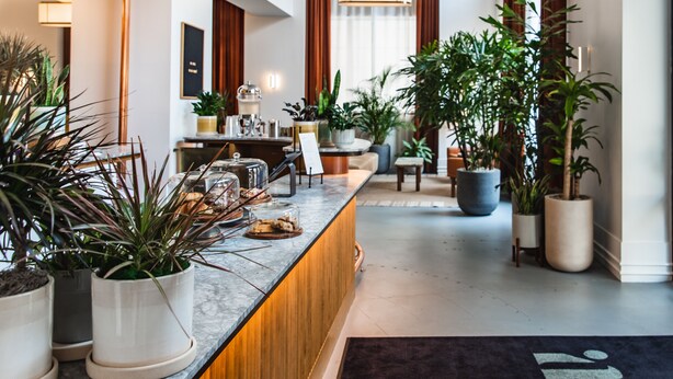 Uma área de recepção de hotel com balcão de mármore, plantas em vasos e carpete preto com logotipo.