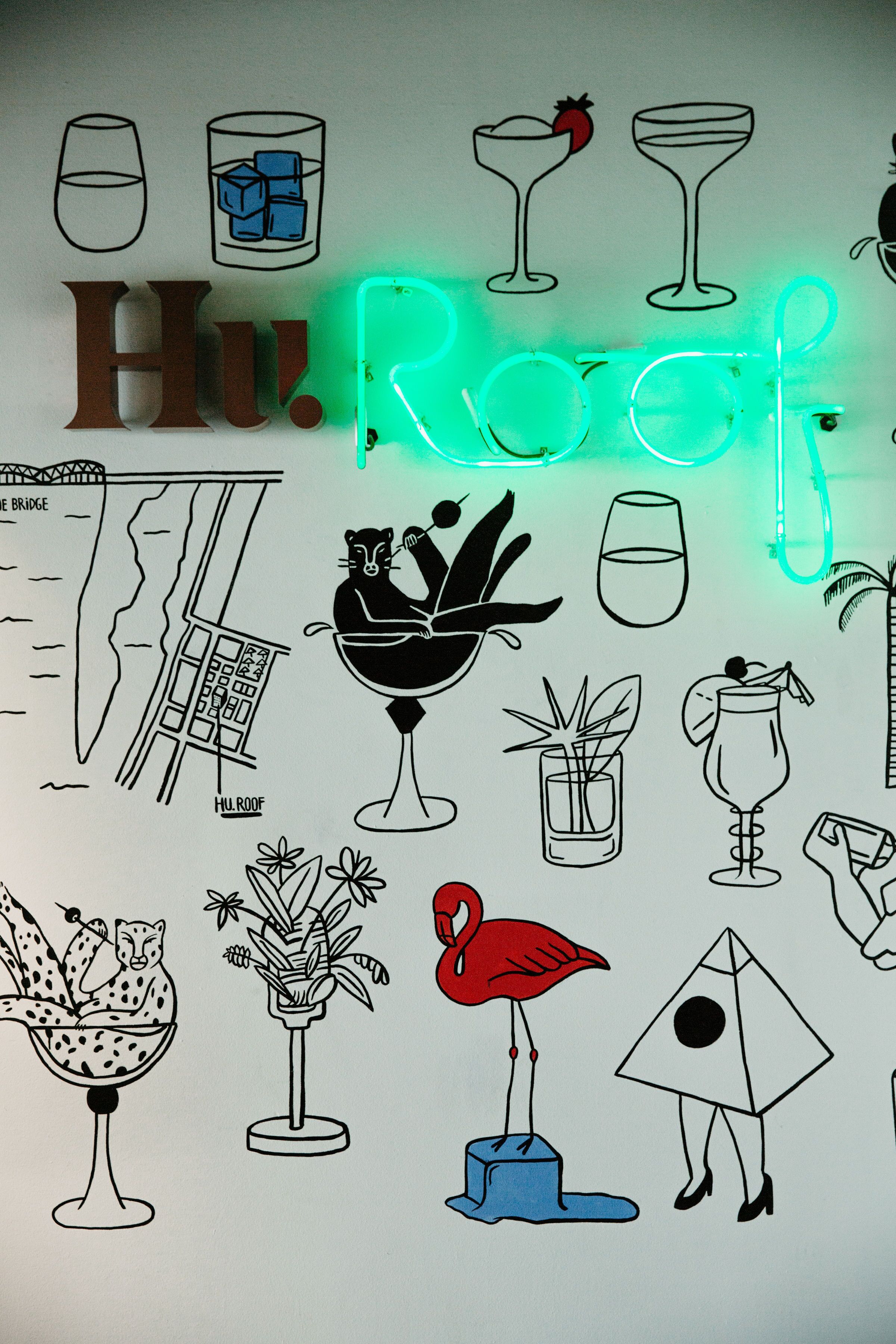 A neon sign spelling "Hi. Roof" with various drink and plant illustrations around it.