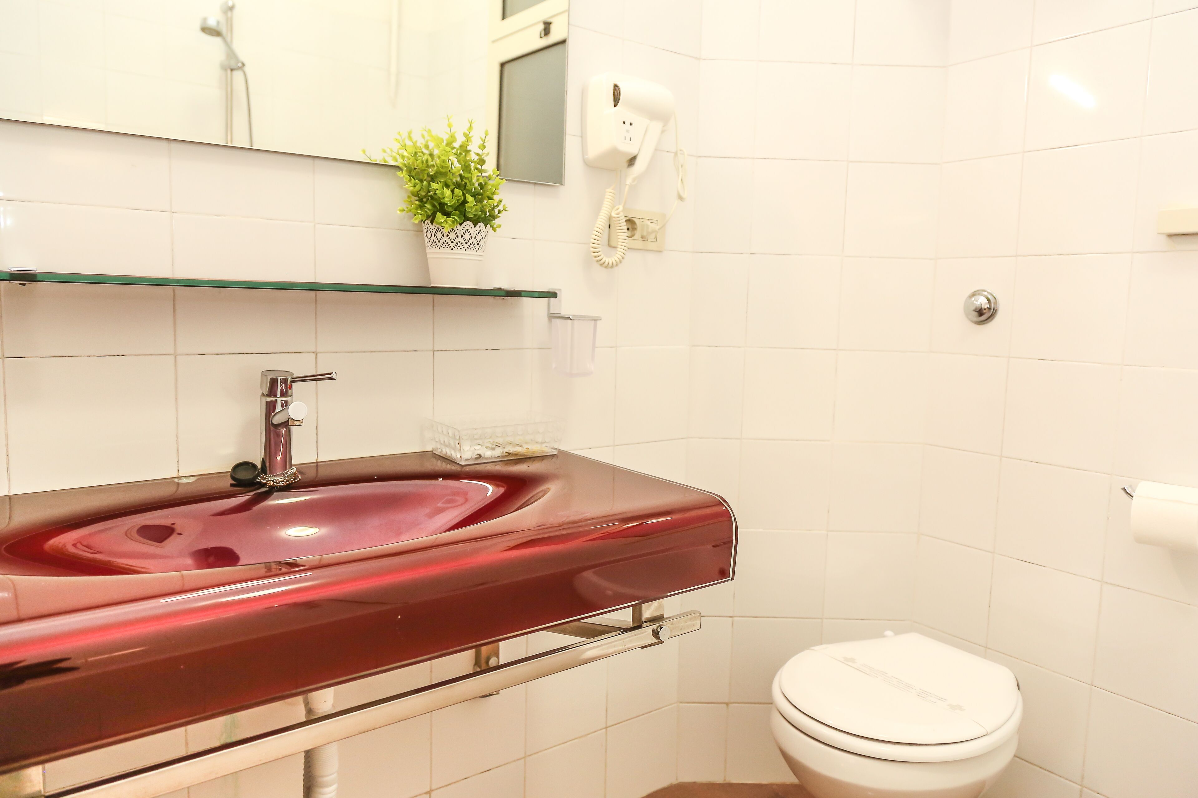 Un baño con un lavabo rojo, un inodoro blanco, un estante de cristal con una planta y un secador de pelo fijado en la pared.