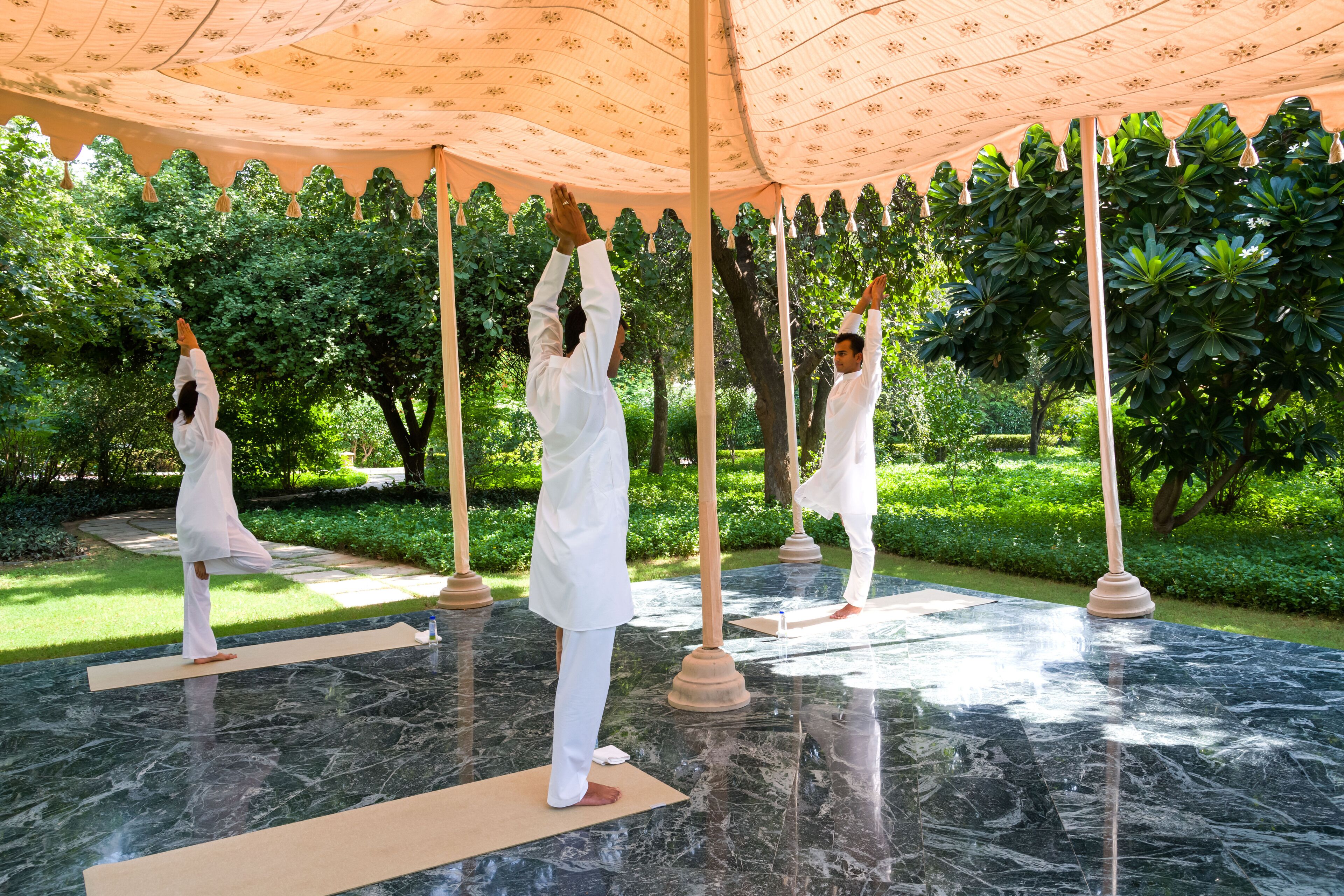 A group of people performing yoga under a canopy in a garden setting.