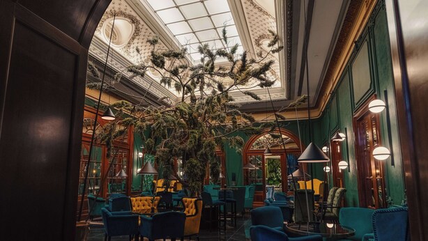 A lobby with a large indoor tree, blue and yellow chairs, and a high ceiling with a skylight. - Radisson Blu Carlton Hotel, Bratislava (Bratislava)