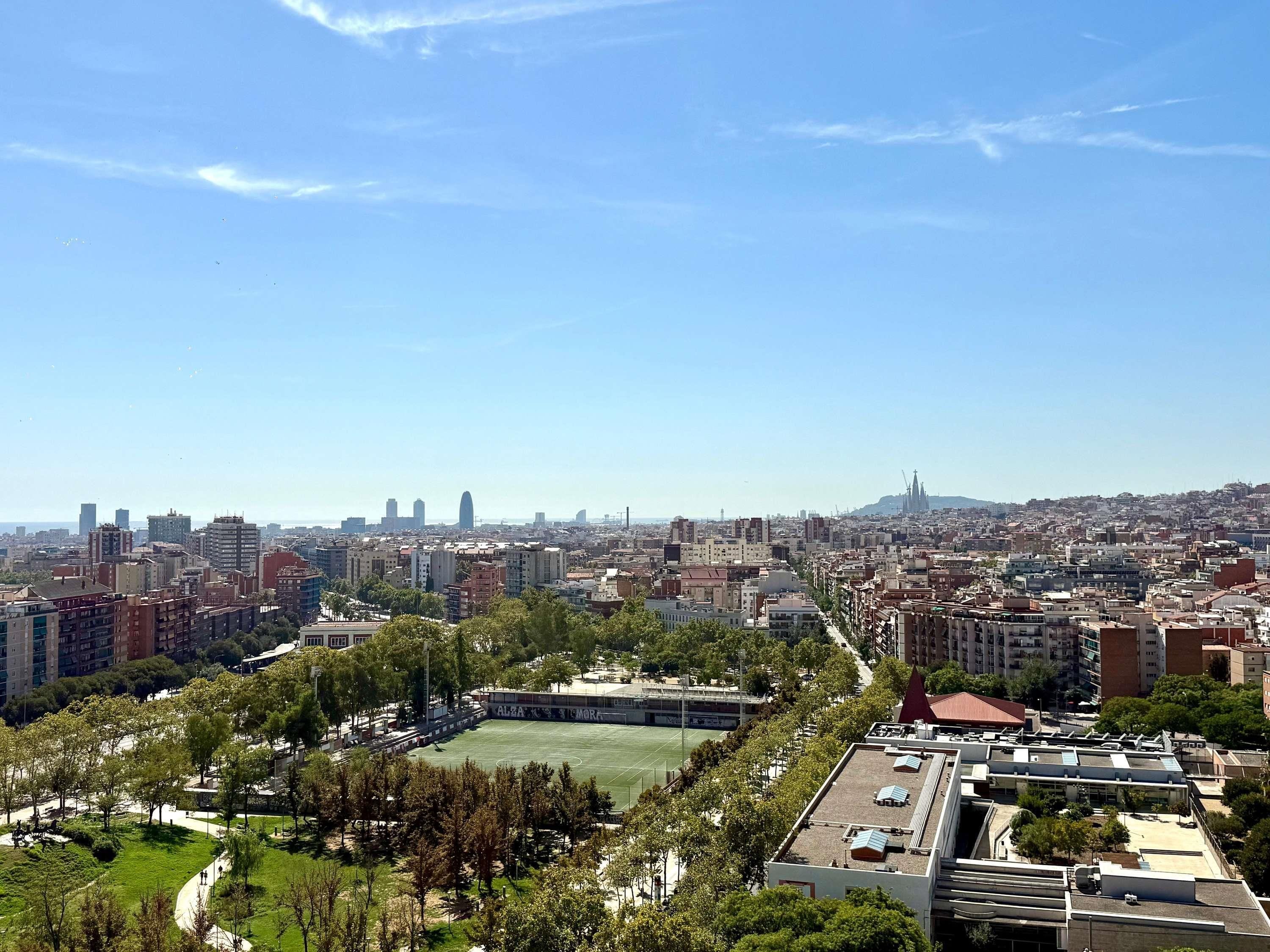 Paesaggio urbano con un importante stadio sportivo circondato da edifici e aree verdi.