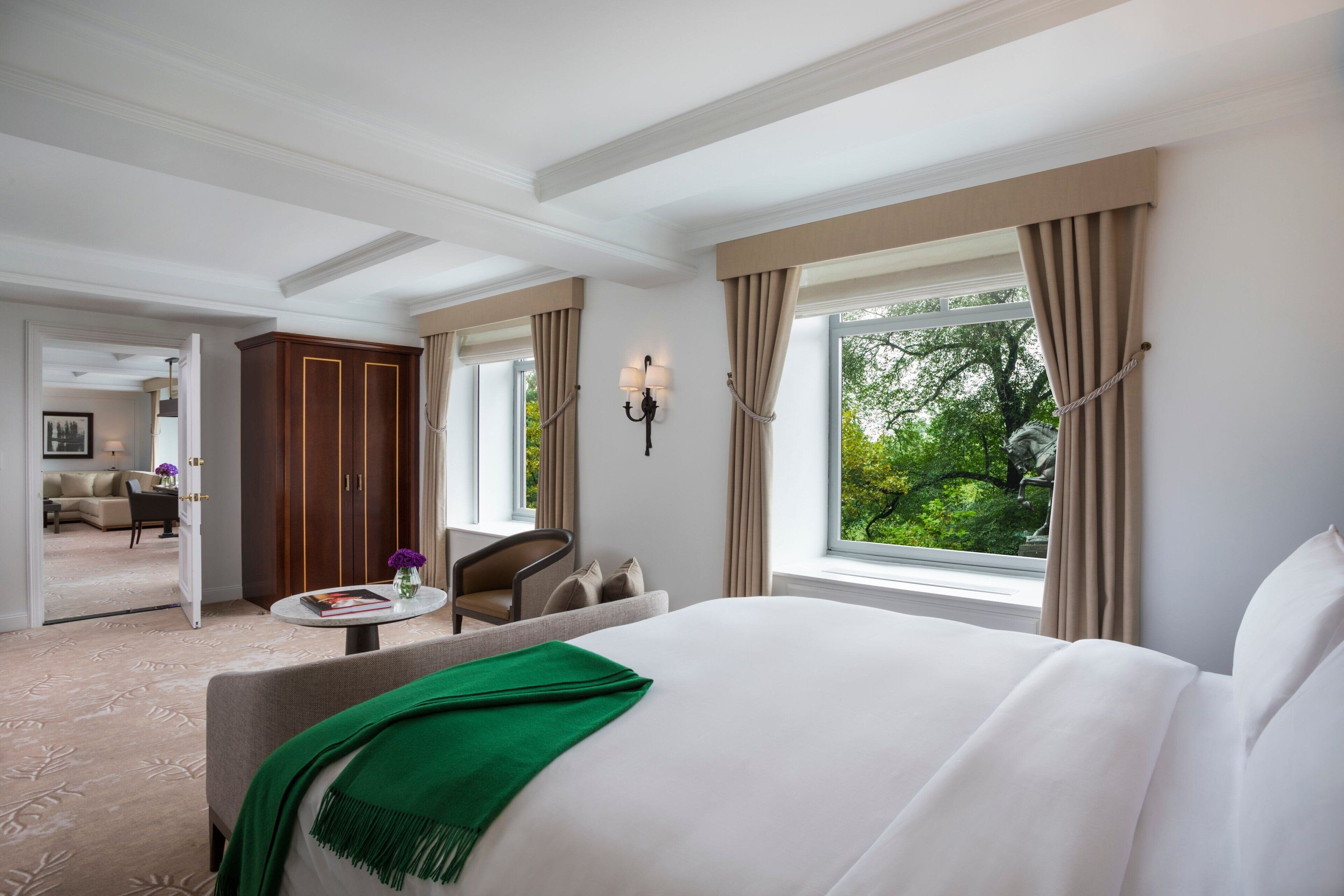 Habitación de hotel con una cama grande, zona de estar con una silla y una mesa, armario y vistas a zonas verdes.