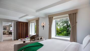 Habitación de hotel con una cama grande, zona de estar con una silla y una mesa, armario y vistas a zonas verdes.