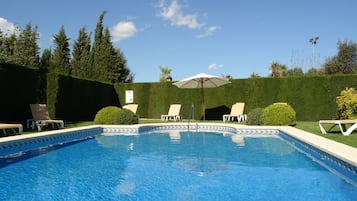 Seasonal outdoor pool, open 10 AM to 8 PM, pool loungers