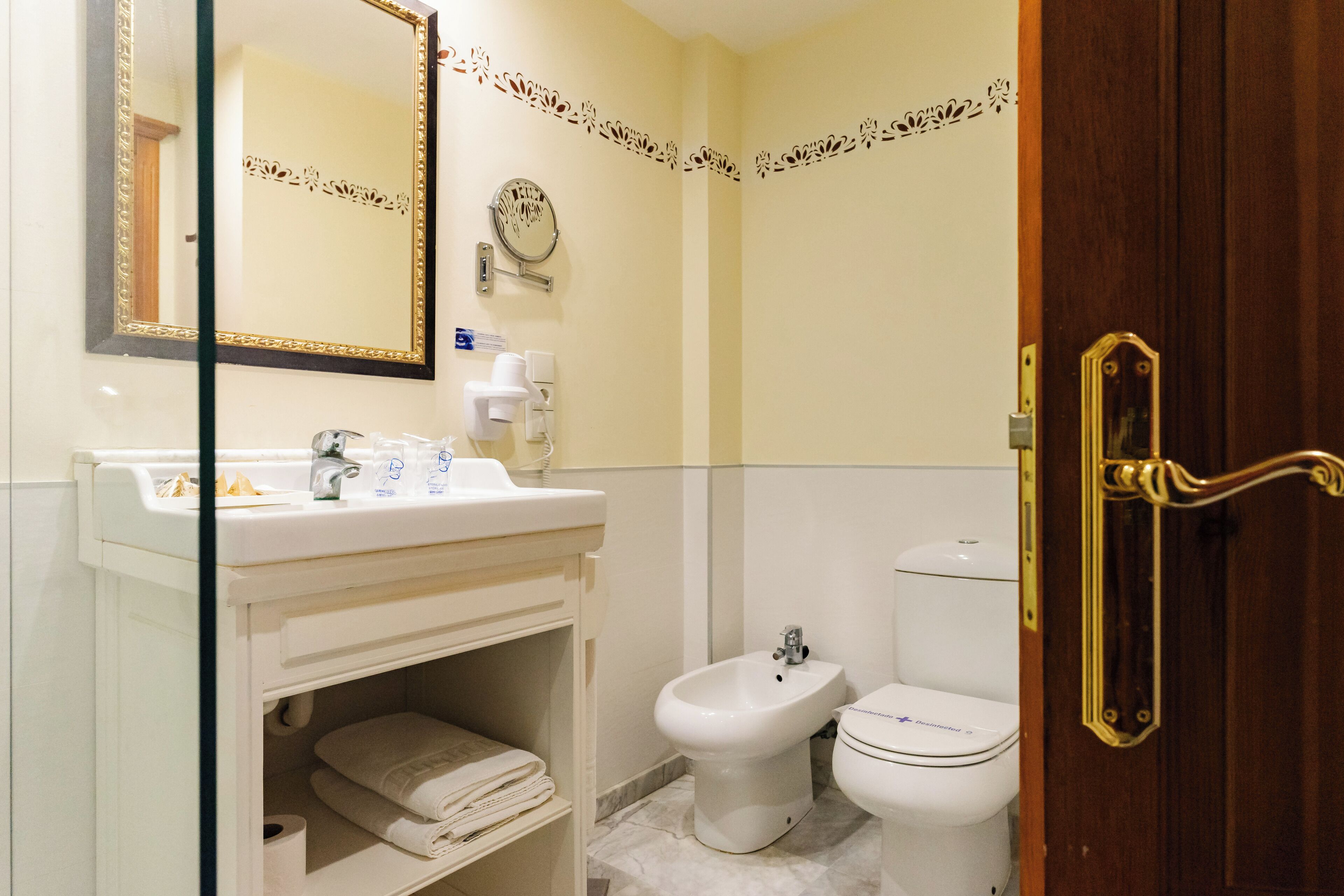 hair dryer, bidet, towels