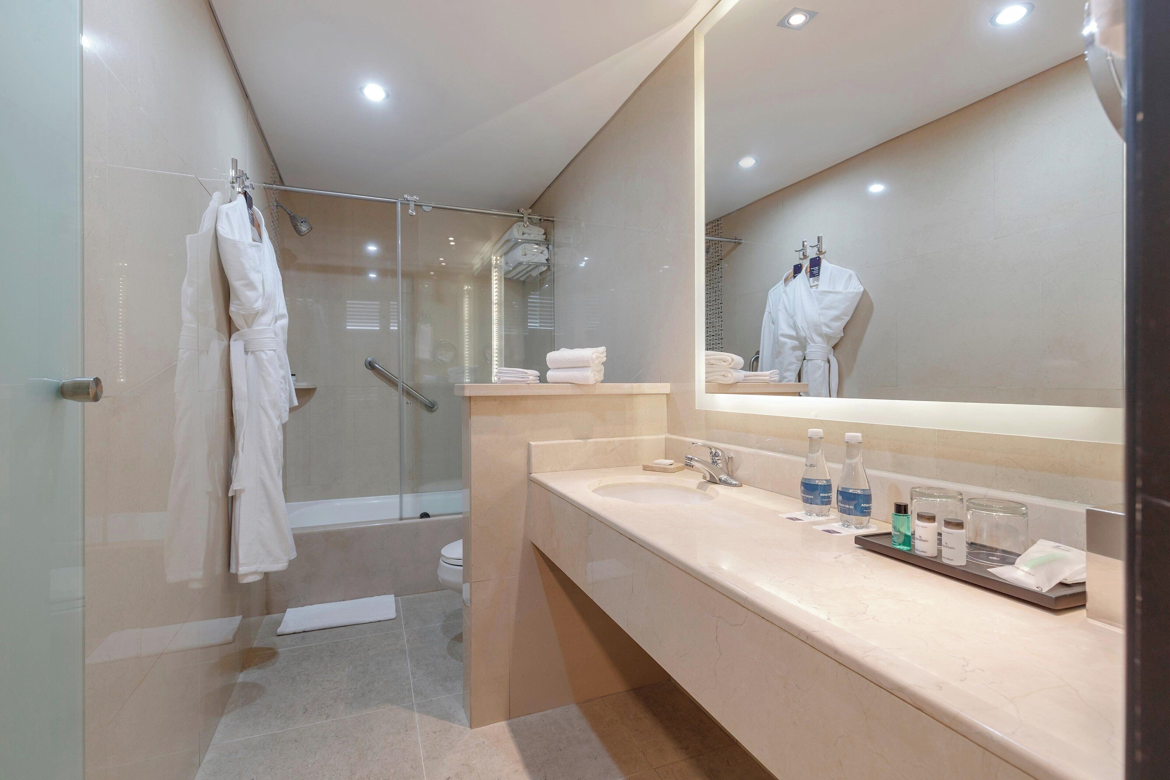 combined shower/bathtub, free toiletries, hair dryer, towels